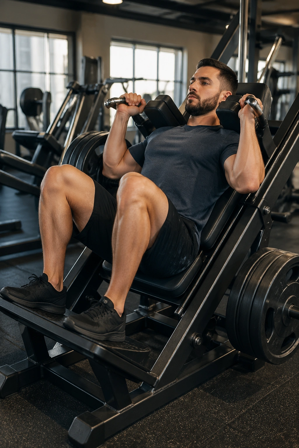 Lifter performing hack squat on a hack squat machine, back on pad and legs driving
