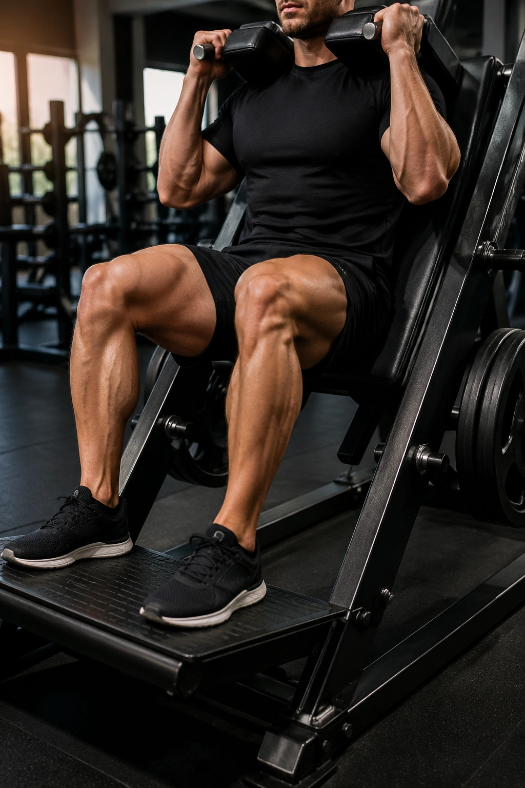 Mid-shot of a lifter performing hack squats on a machine in the gym