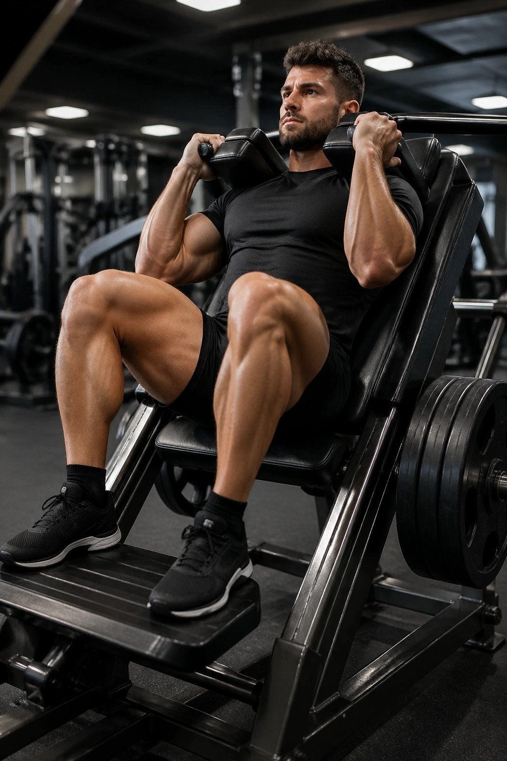 Athlete performing hack squats on a machine, emphasizing quadriceps engagement.