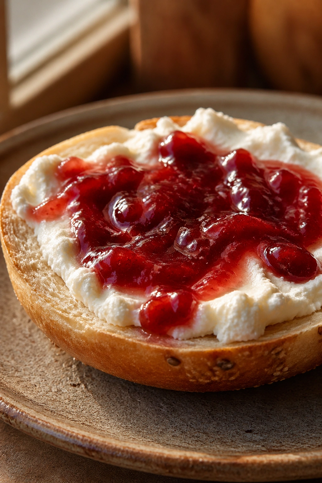Close-up of half bagel with ricotta and jam on a plate in a warm kitchen