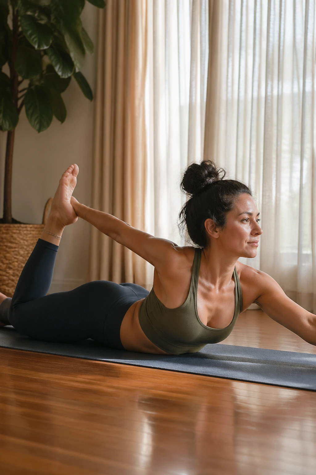 Real person in Half Bow Pose on belly, lifting one leg and holding ankle