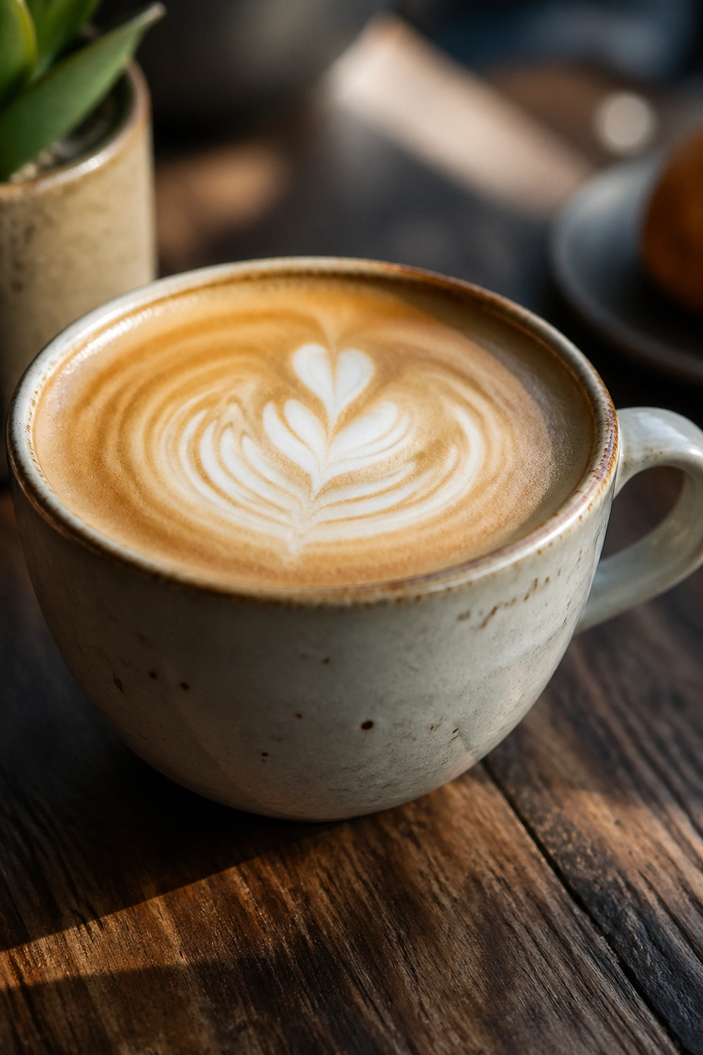Close-up of half-caff latte with creamy foam