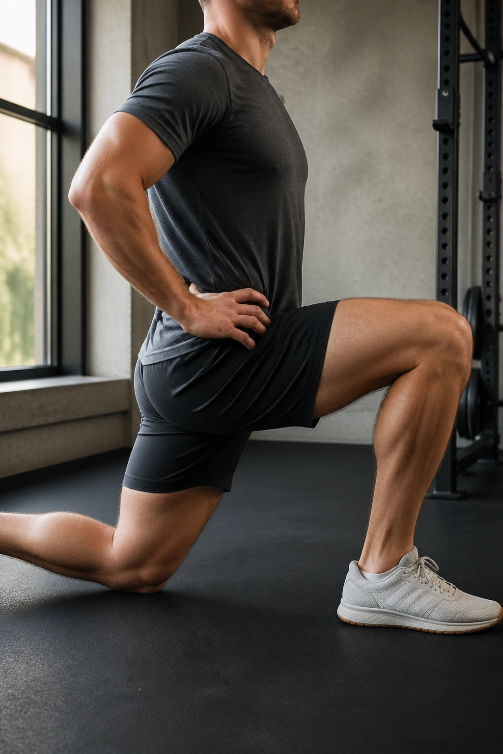 Person in half-kneeling hip flexor stretch with pelvis tucked.