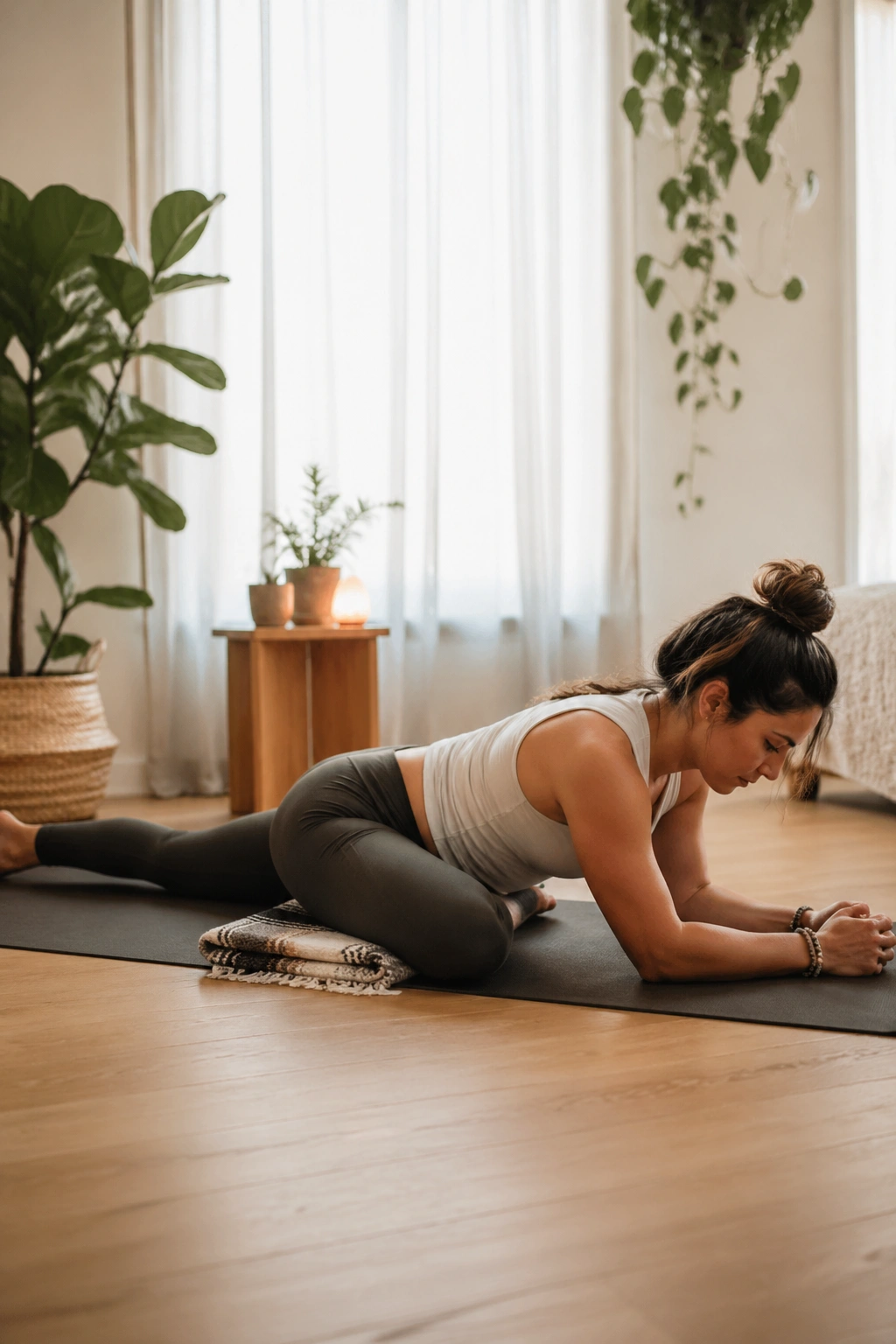 Person in half pigeon stretch on a mat targeting deep glute and outer hip