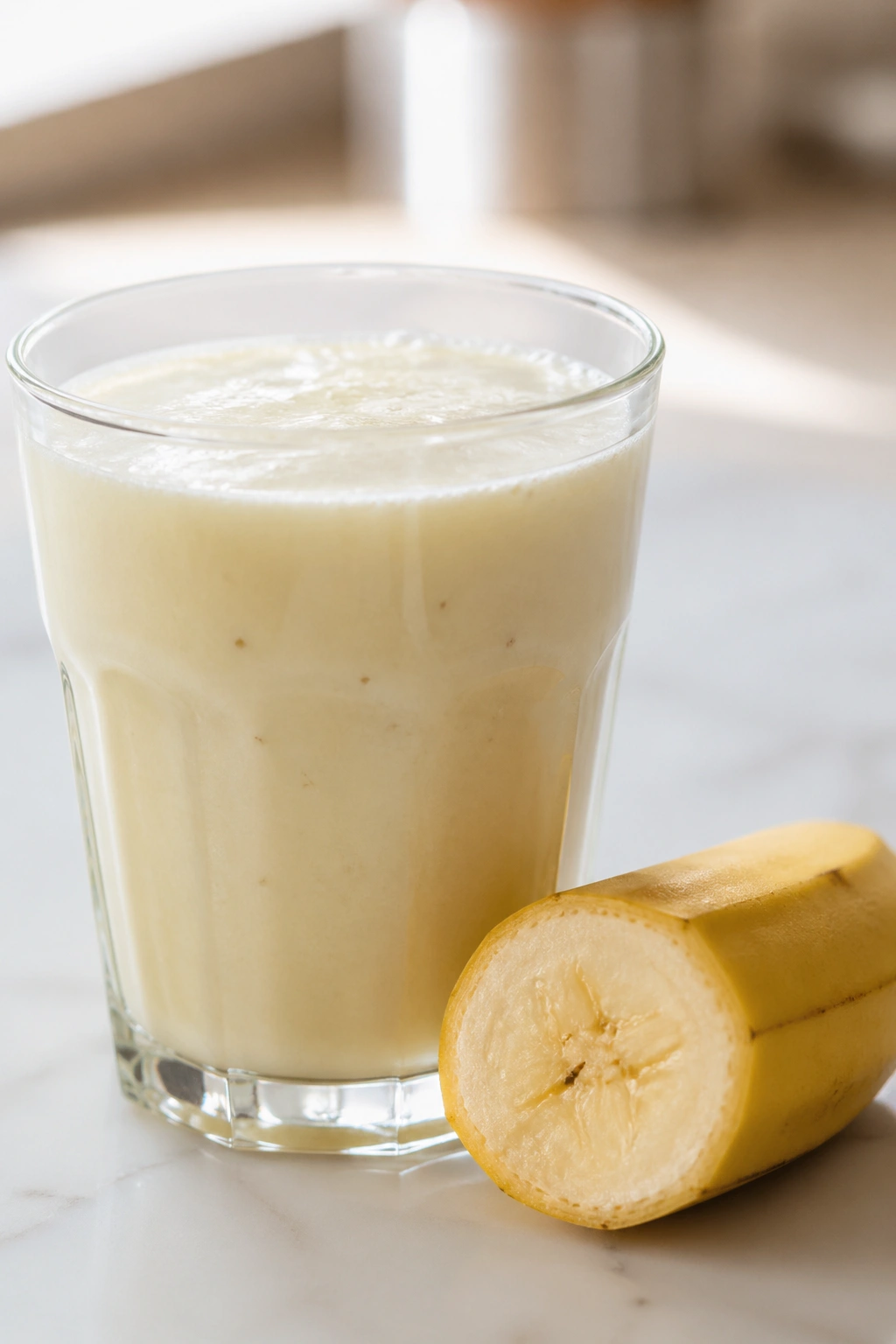 Close-up of a half smoothie with whey in a glass on a kitchen counter