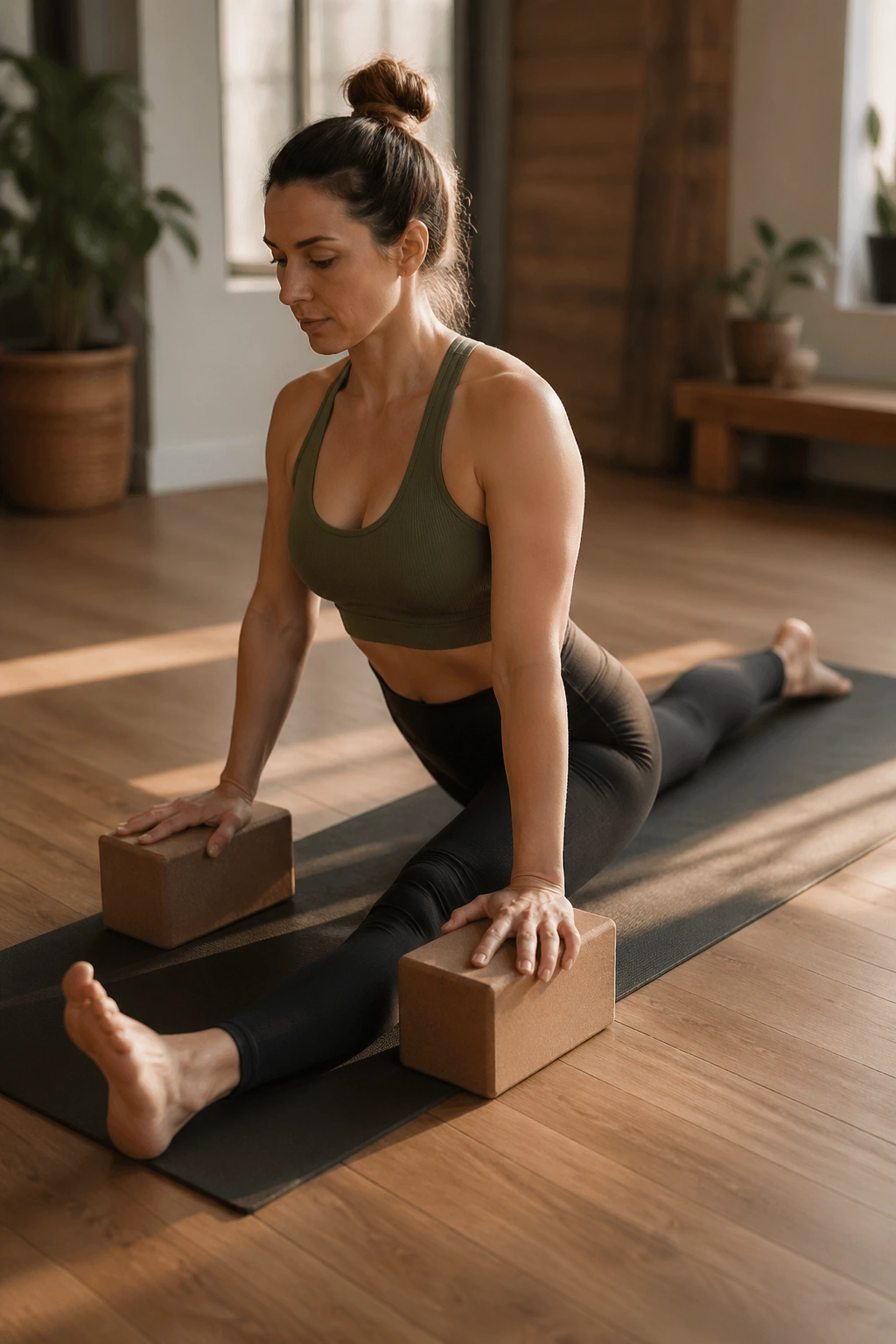 Close-up of a real person in Half Split With Blocks on a sunlit yoga studio