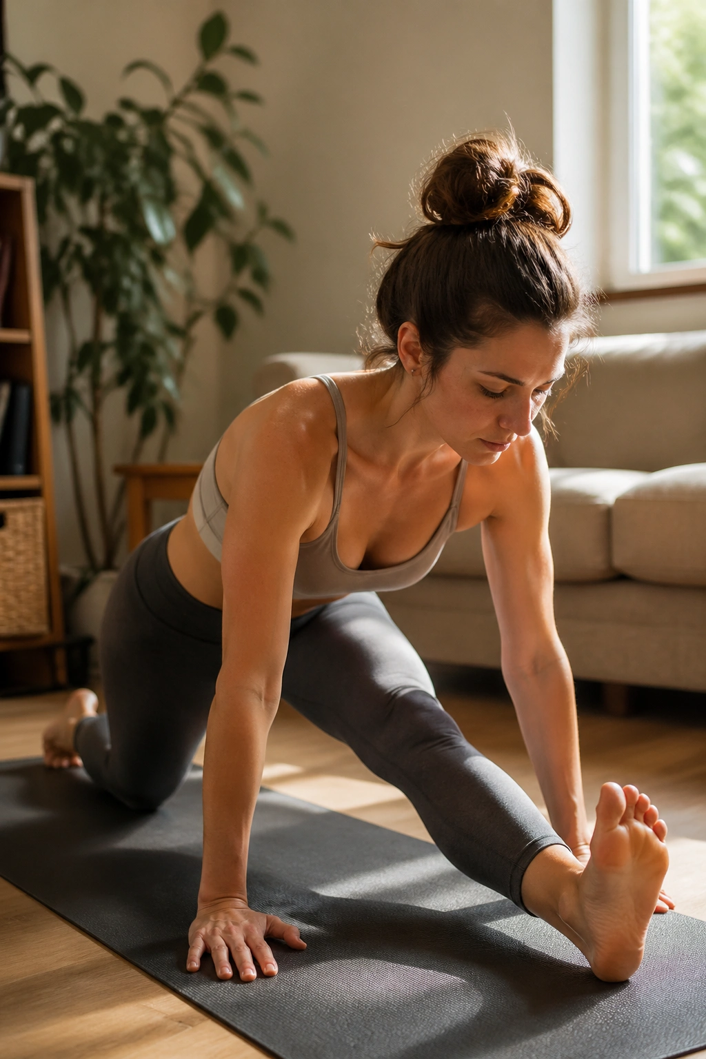 Close-up of a person performing Half Split Hamstring Stretch on a mat in a sunlit living room
