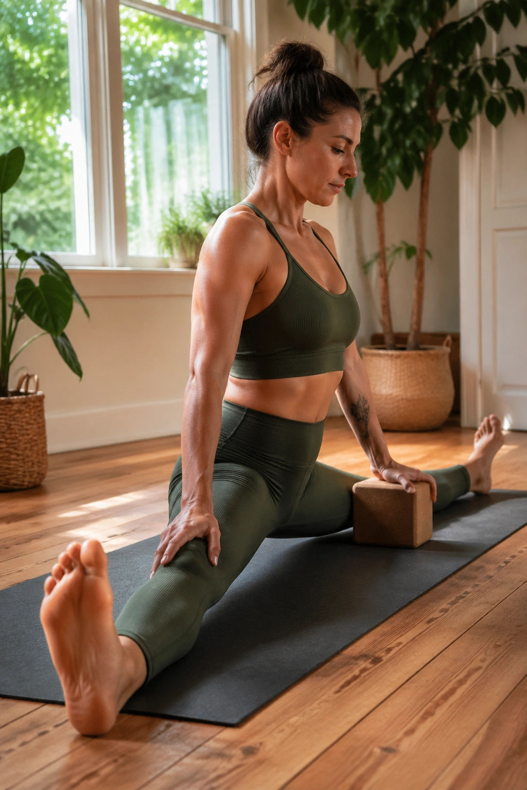 Close-up of a person in half split focusing on hamstrings and calves on a yoga mat