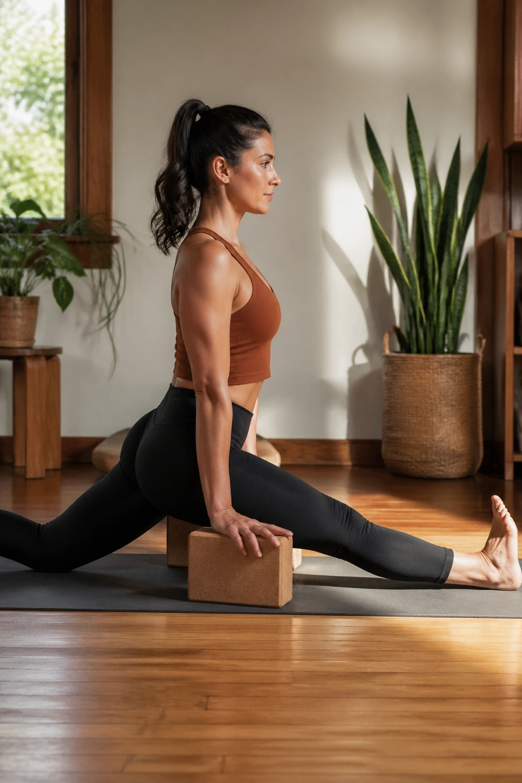 Real person in Half Split with long spine and straight front leg on a yoga mat.