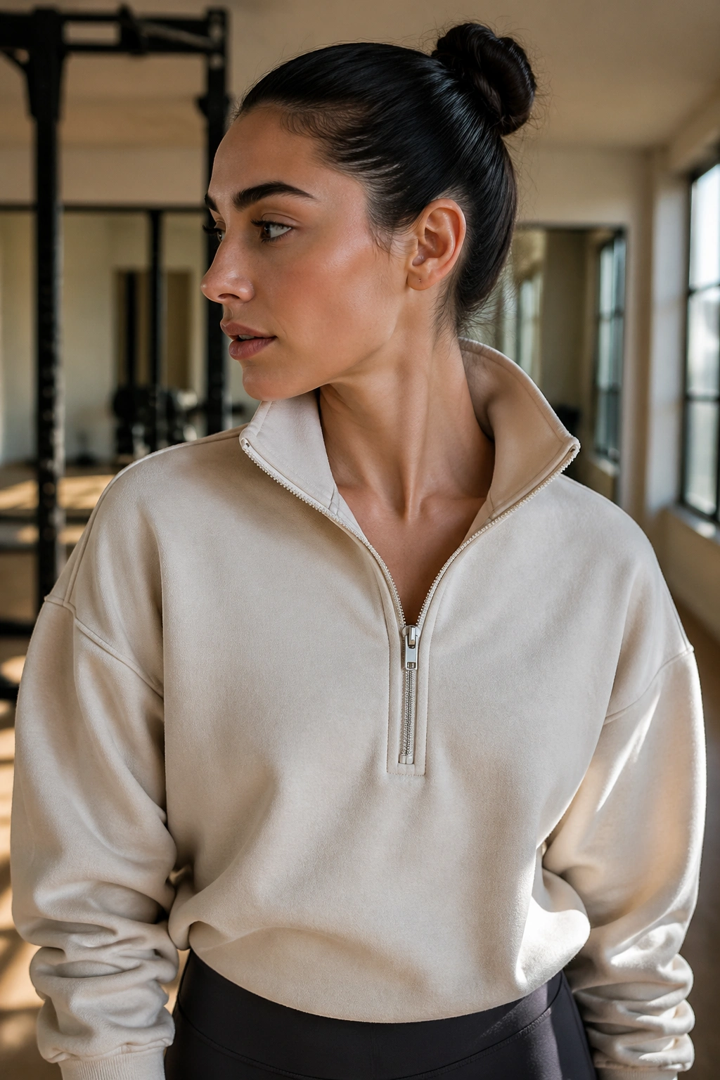 Portrait of a person in half-zip pullover with a slick bun in a modern space