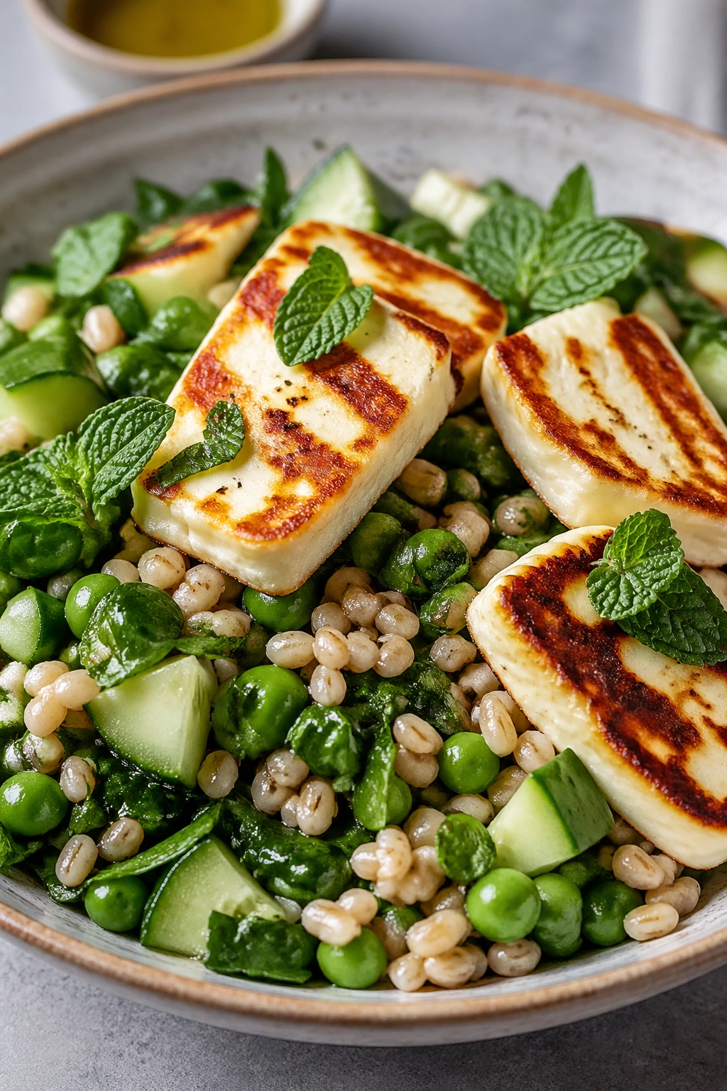 Close-up of Halloumi Barley Mint Salad featuring seared halloumi atop barley and peas