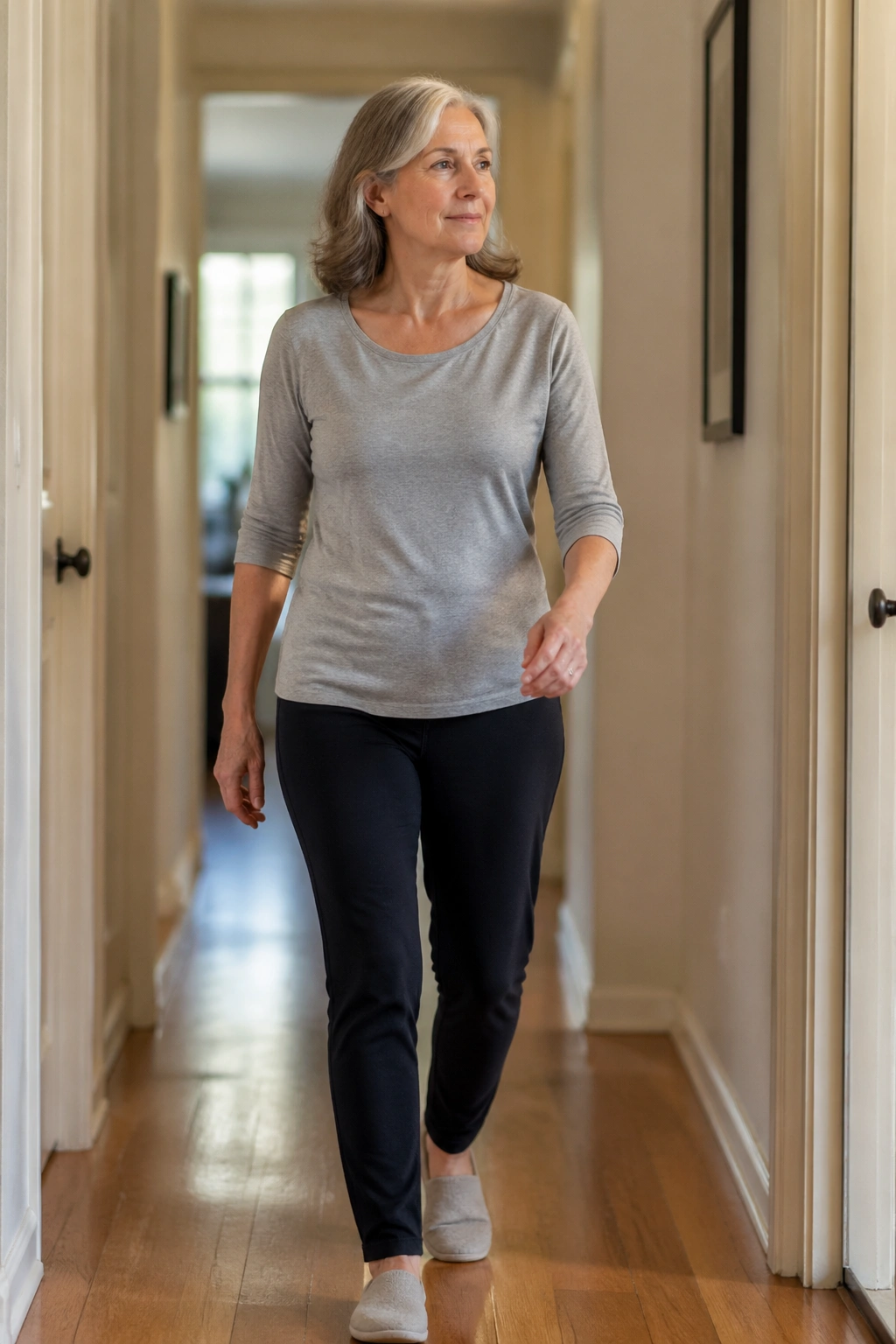 Real person walking hallway during recovery after surgery
