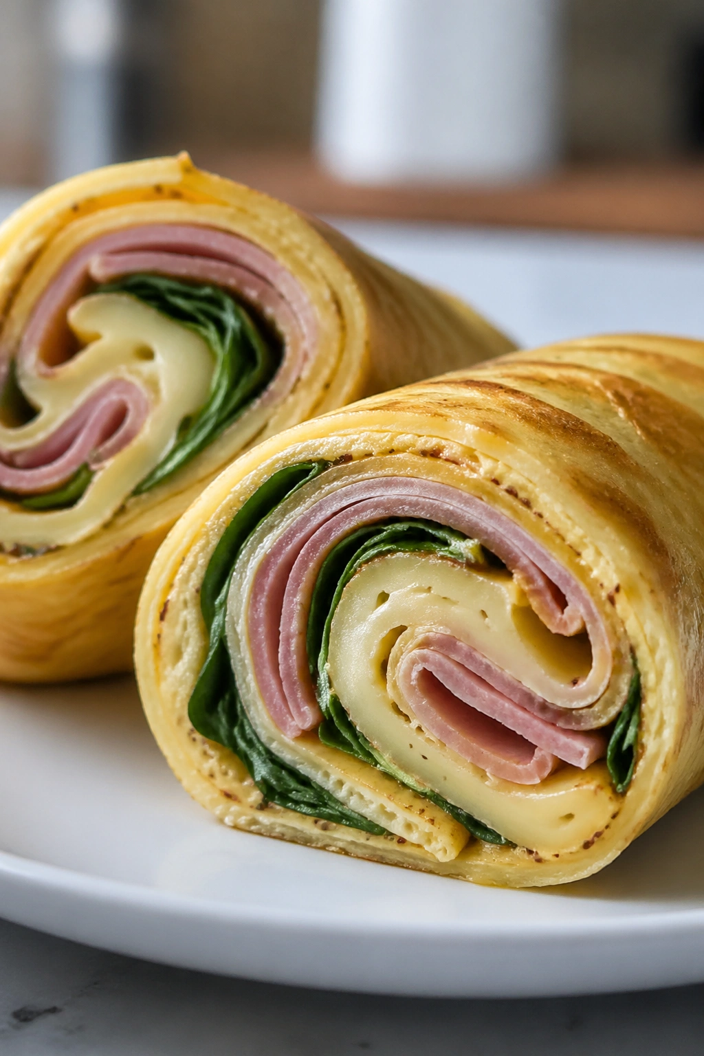 Ham and cheese egg wrap pinwheels sliced to show fillings