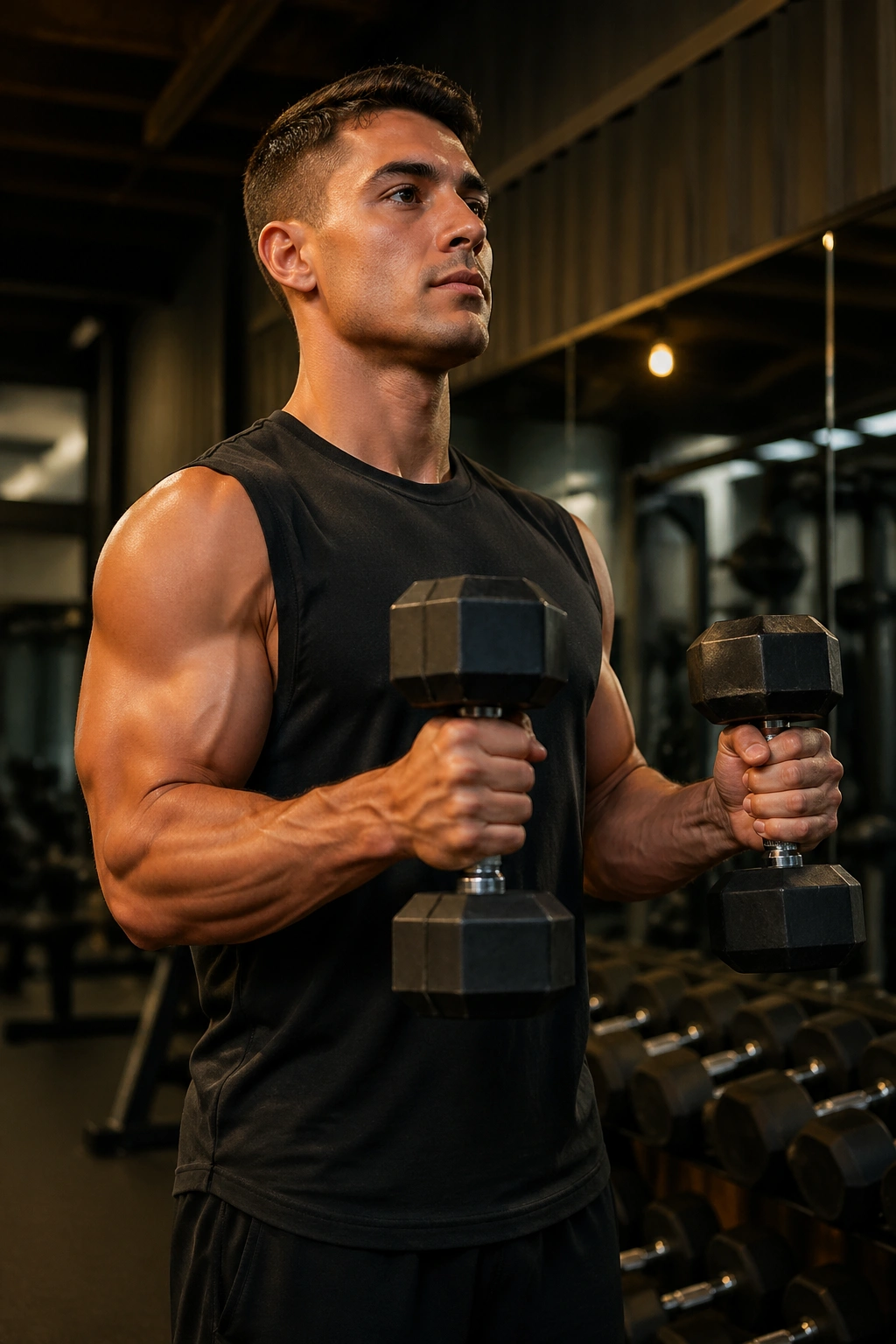 Portrait of a person performing hammer curls with neutral grip in a gym
