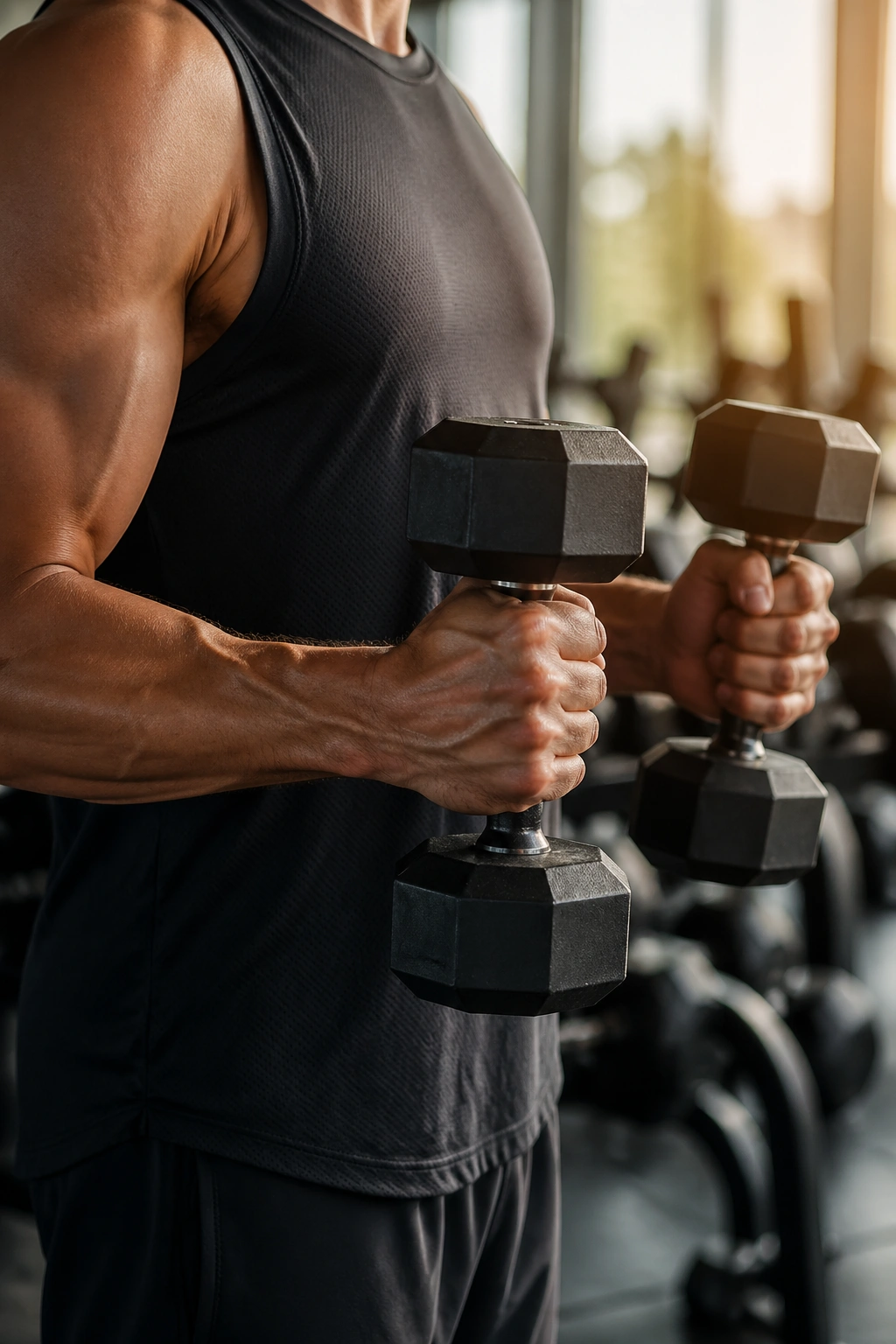 Close-up of forearms during hammer curls with neutral grip using dumbbells in a gym