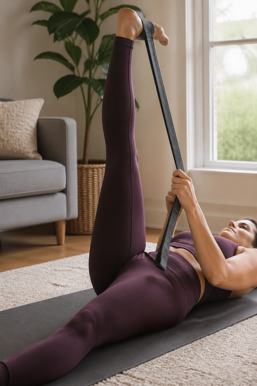 Person performing hamstring and calf stretch with strap