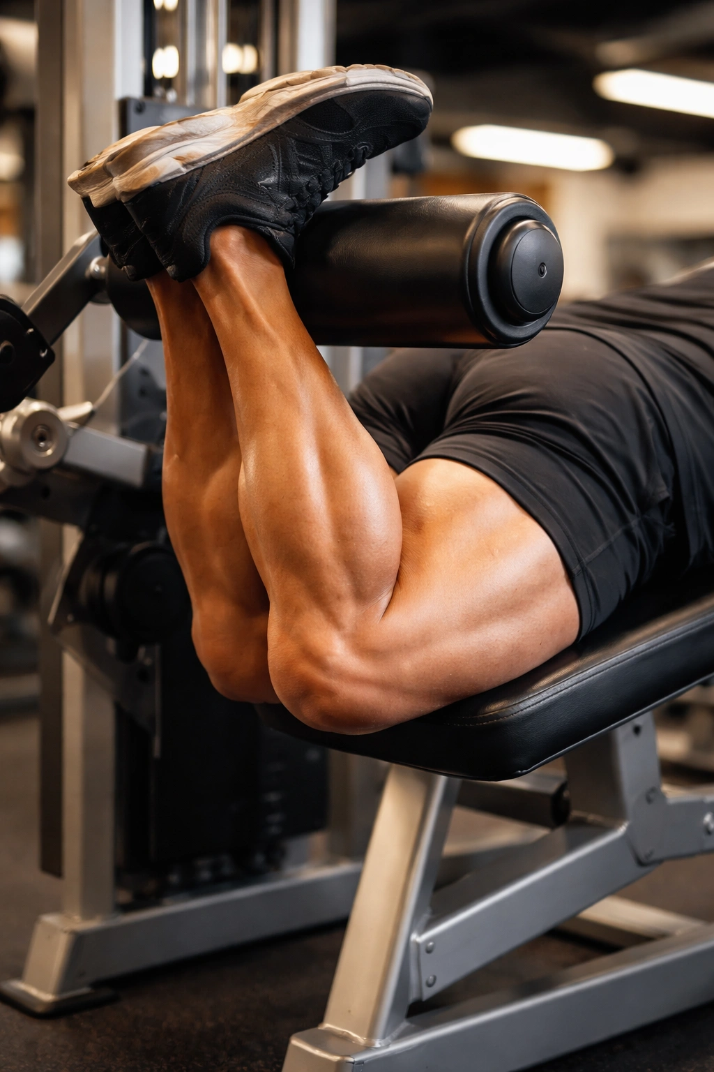 Close-up of leg curling on hamstring curl machine highlighting hamstrings engagement