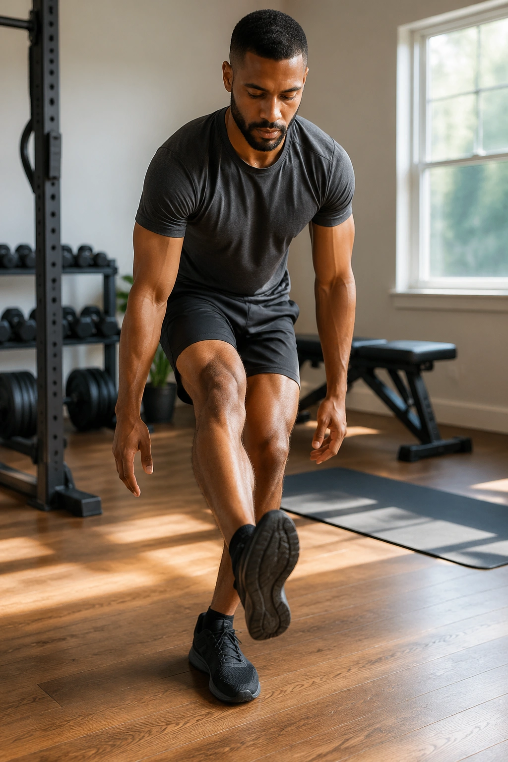 Medium close-up of a person performing hamstring scoops in a bright home gym