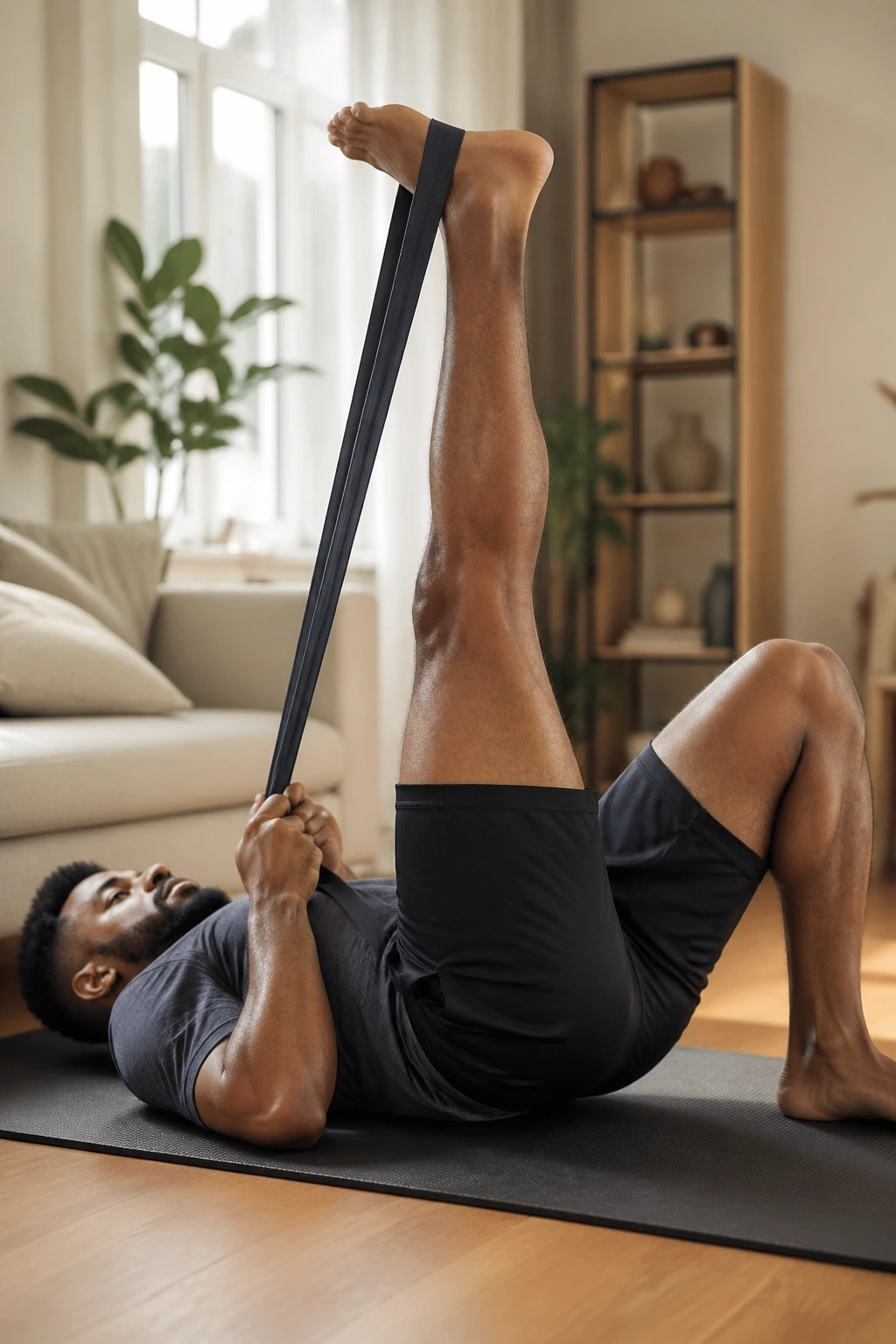 Close-up of hamstring strap stretch with strap around the foot on a mat.
