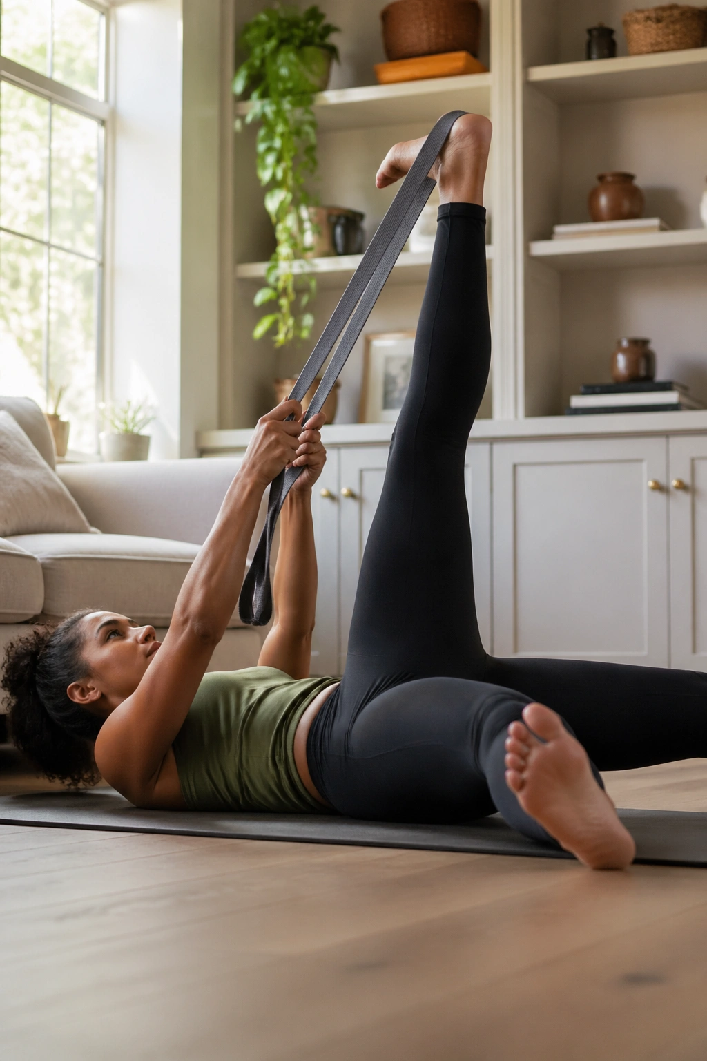 Leg with strap performing hamstring stretch on a mat at home.