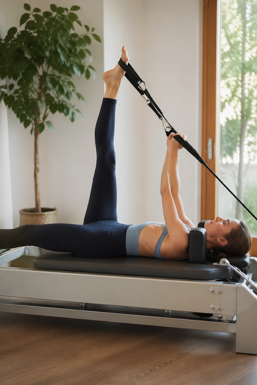 Full-body view of Hamstring Stretch With Square Hips on a reformer with leg in strap