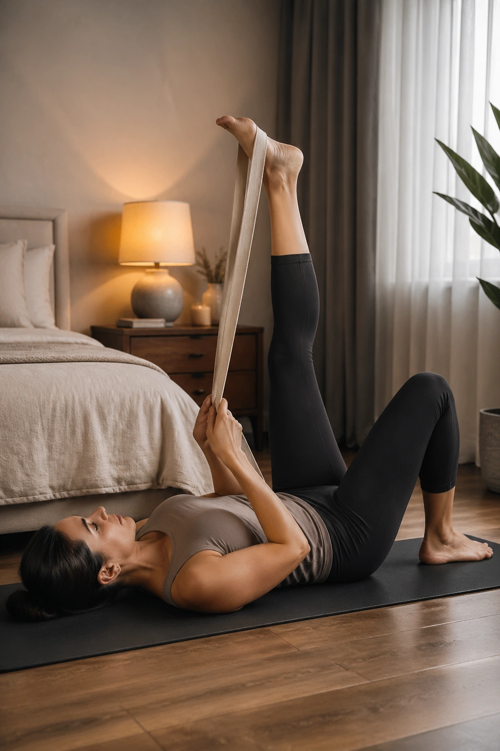 Real person performing Hamstring Stretch with a Strap on a yoga mat