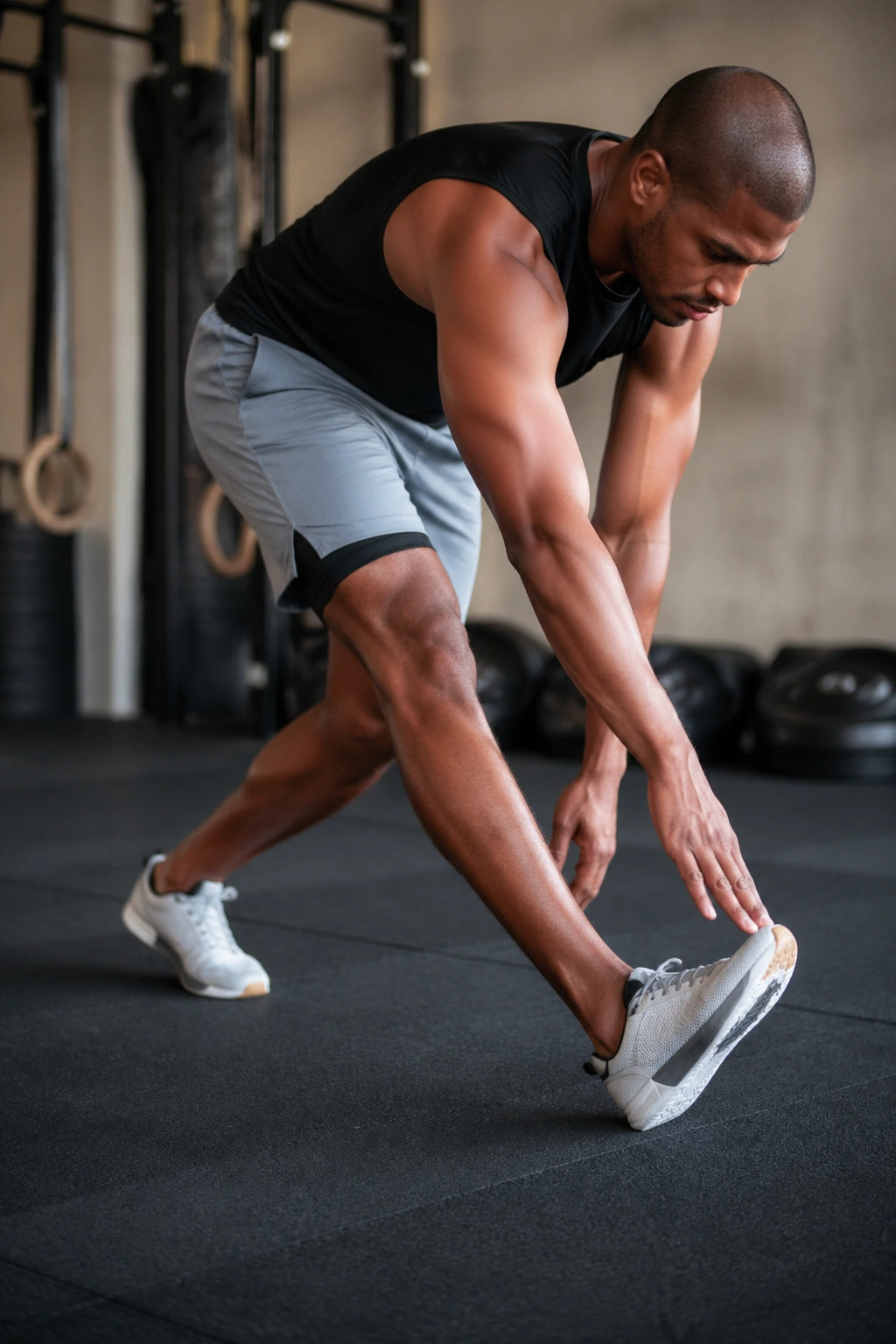 Close-up of a real person performing walking hamstring sweeps