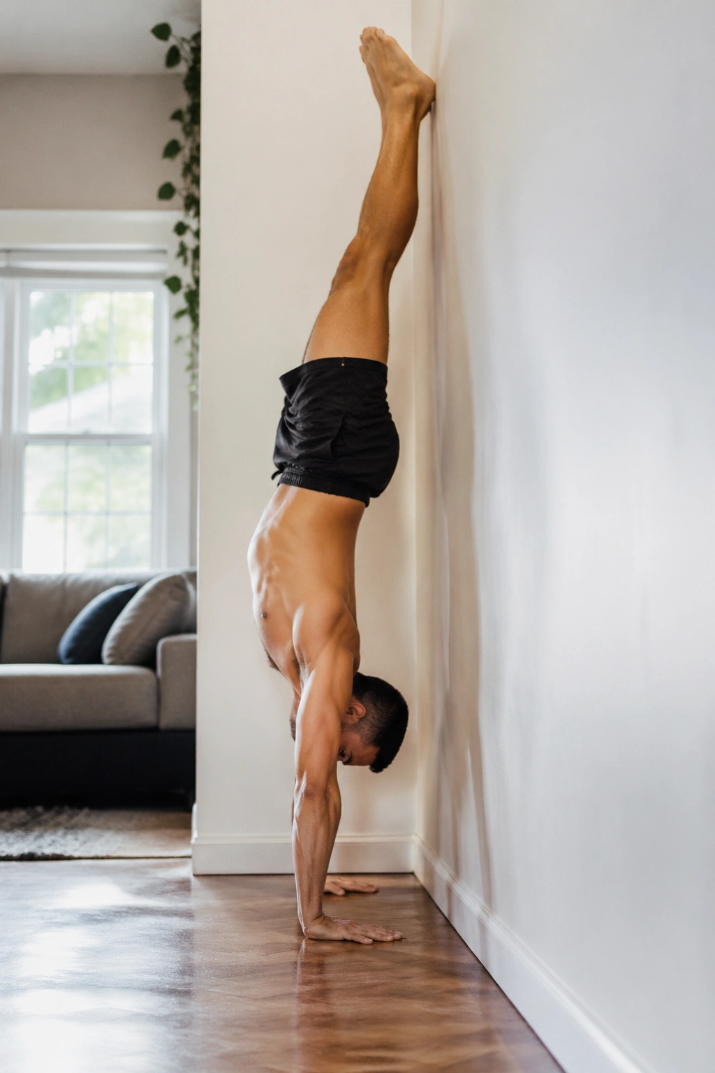 Person performing wall handstand shoulder holds against a wall