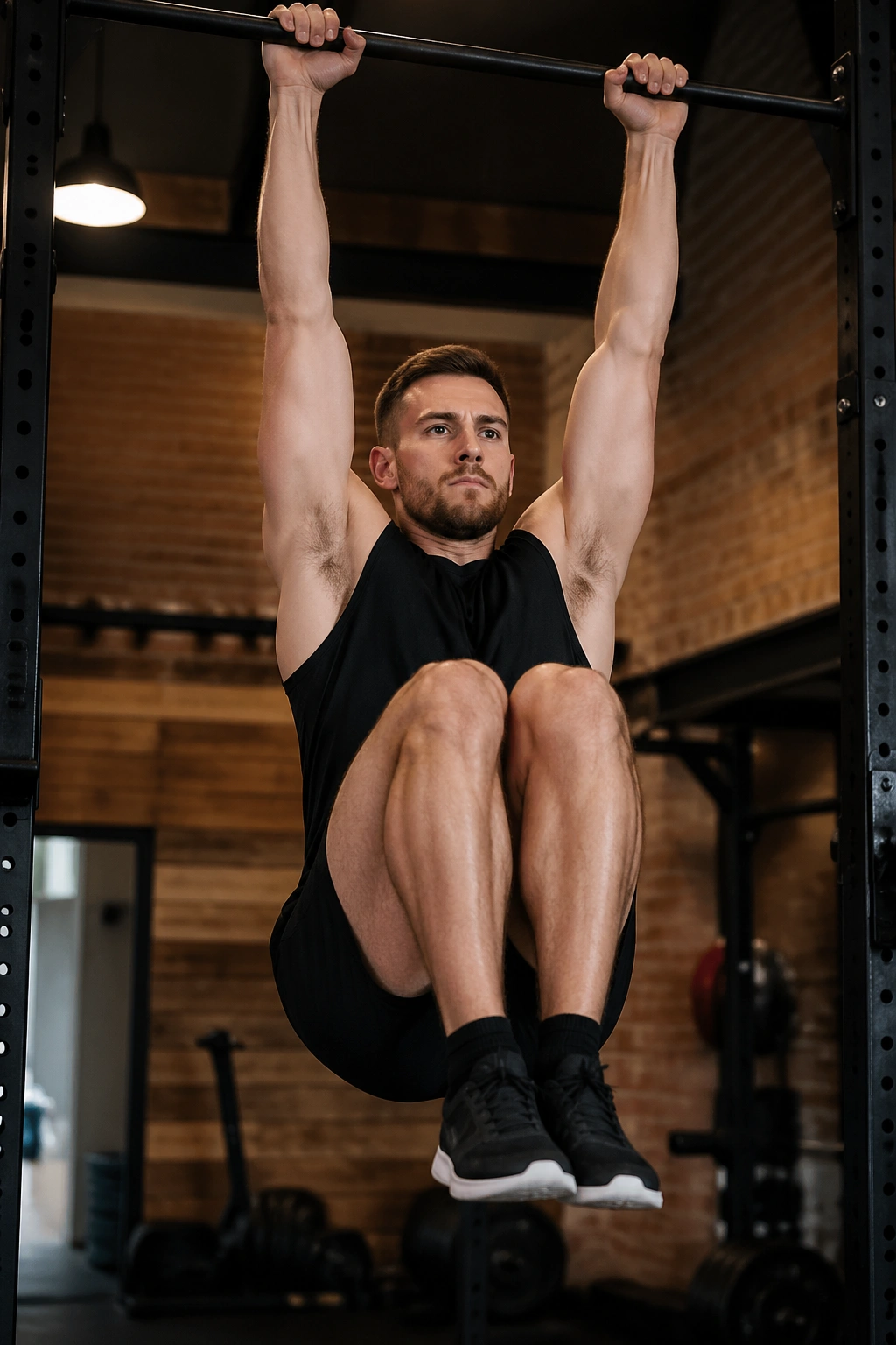 Person performing hanging knee raise on a pull-up bar with knees toward the chest