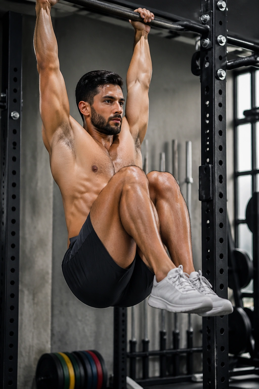 Close-up of a person hanging from a pull-up bar performing knee raises