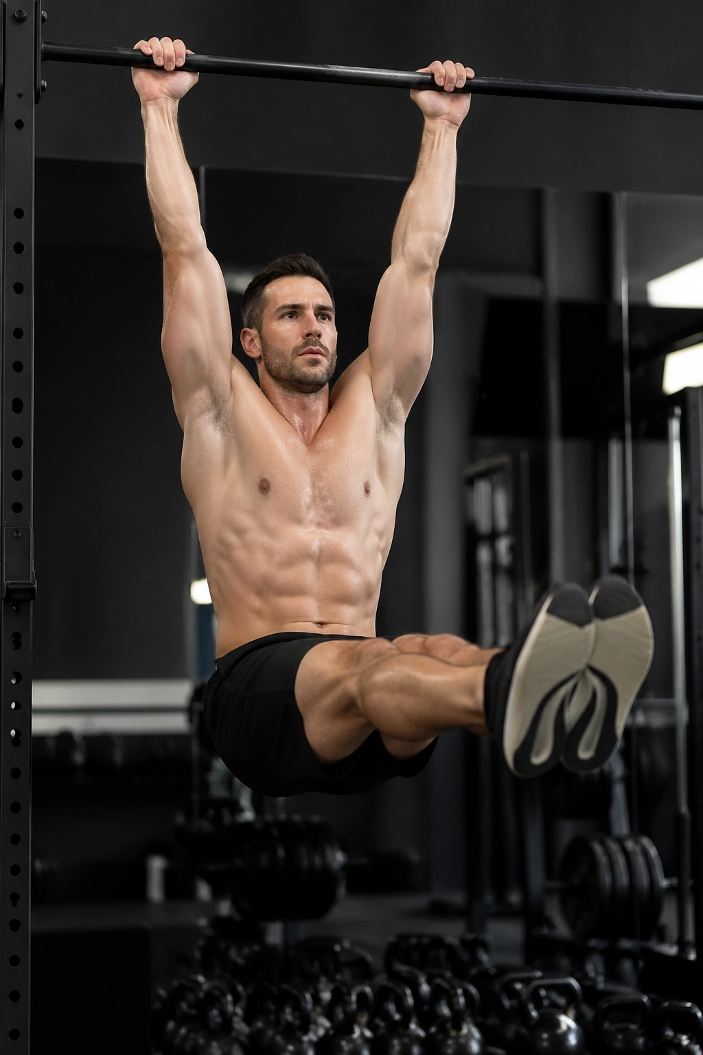 Person performing hanging leg raise with straight legs on a pull-up bar