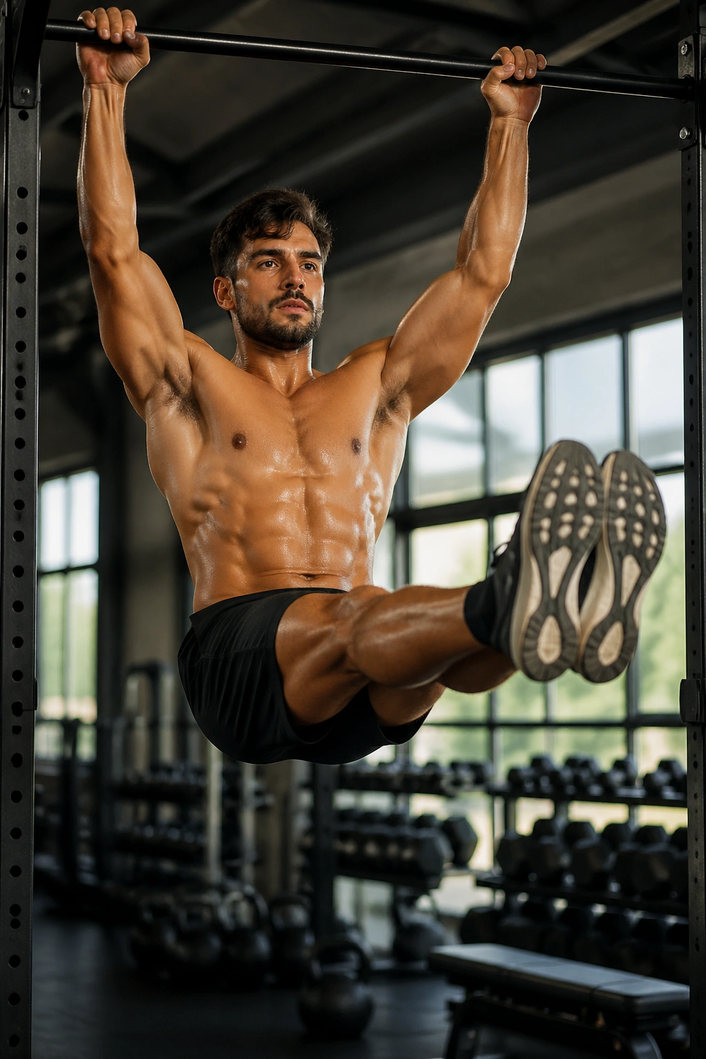 Athlete performing hanging straight-leg raise on a pull-up bar in a gym