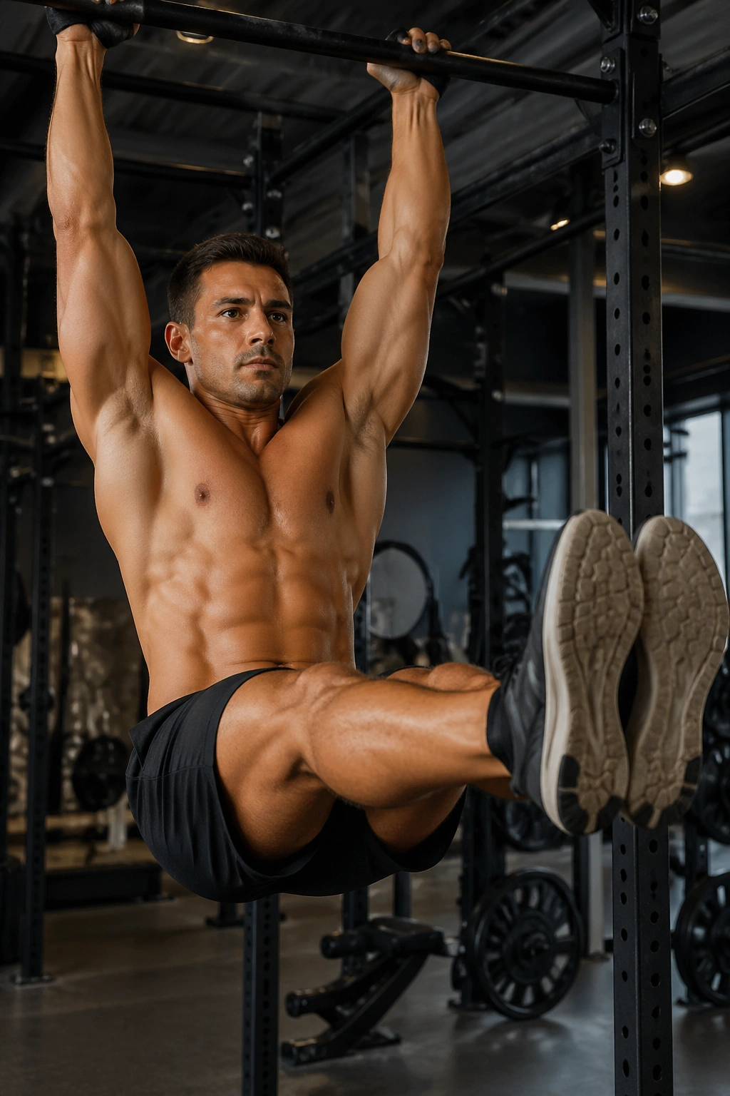 Close-up of a person performing hanging straight-leg raises with legs lifted to hip height and abs engaged