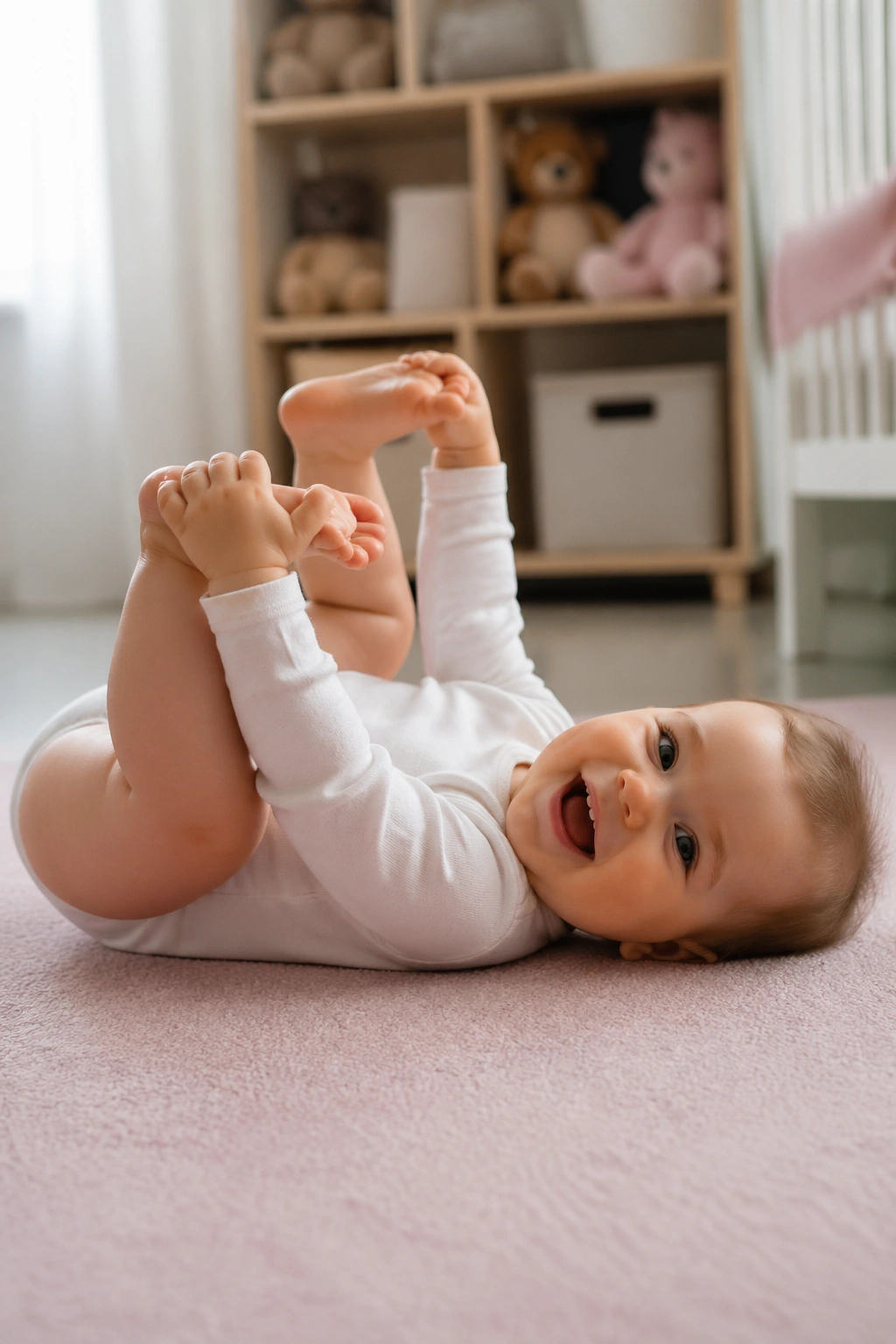 Real child in Happy Baby pose lying on back holding feet