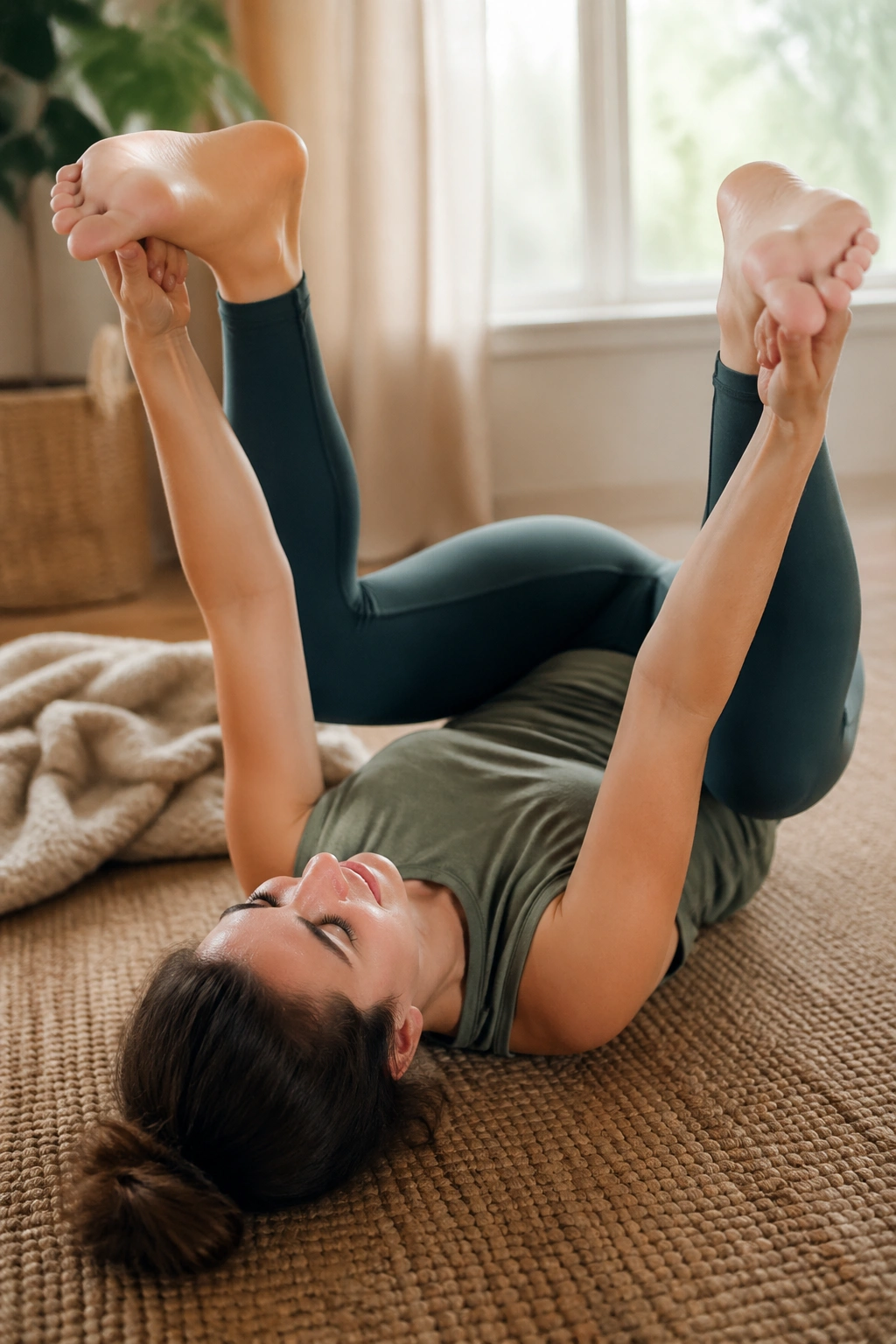 Close-up of a person in Happy Baby pose holding feet with knees wide open.