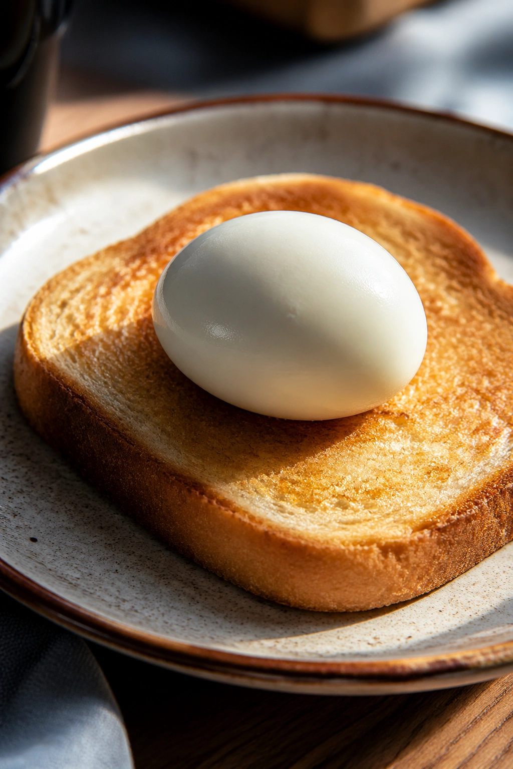 Hard-boiled egg on toast on a breakfast plate