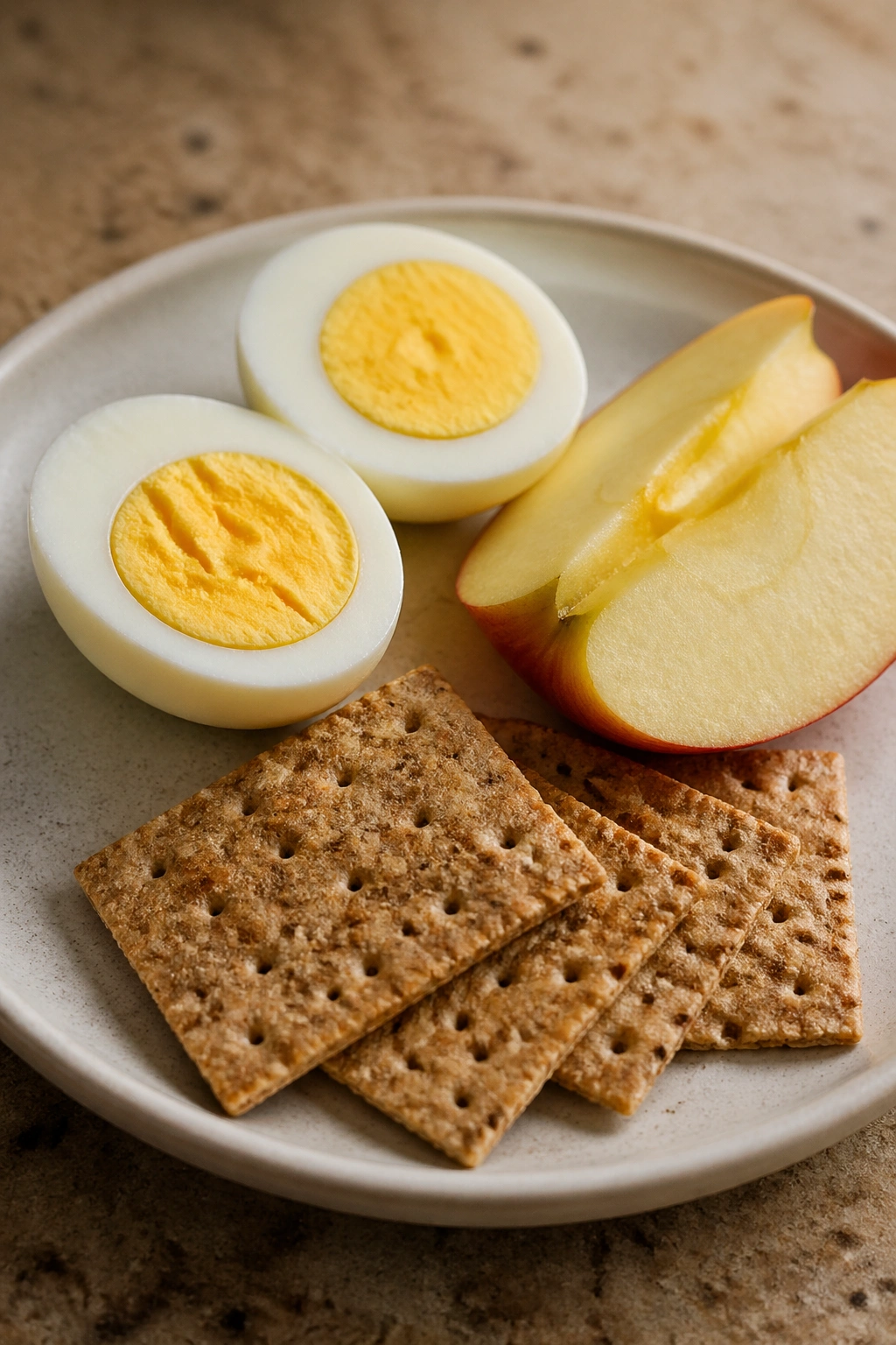 Hard-boiled eggs, apple, and crackers on a plate