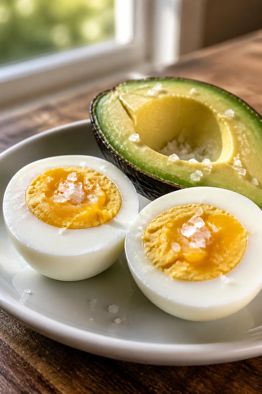 Hard-boiled eggs and avocado with flaky salt on a plate
