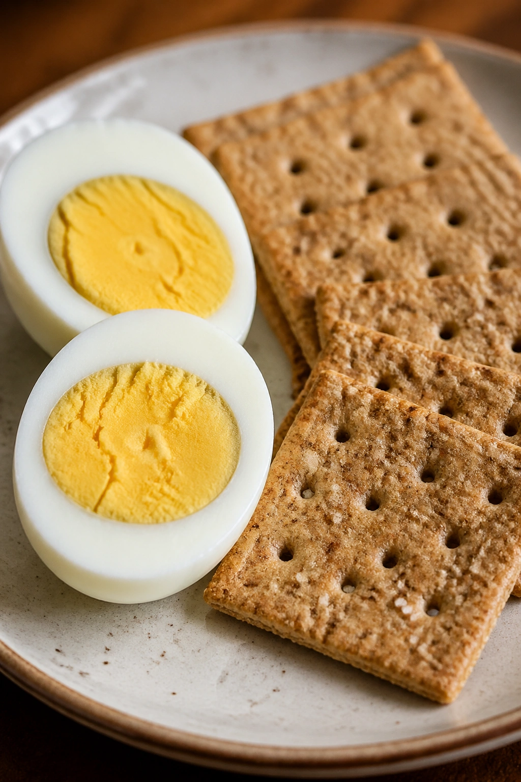 Two hard-boiled eggs with crackers on a plate.