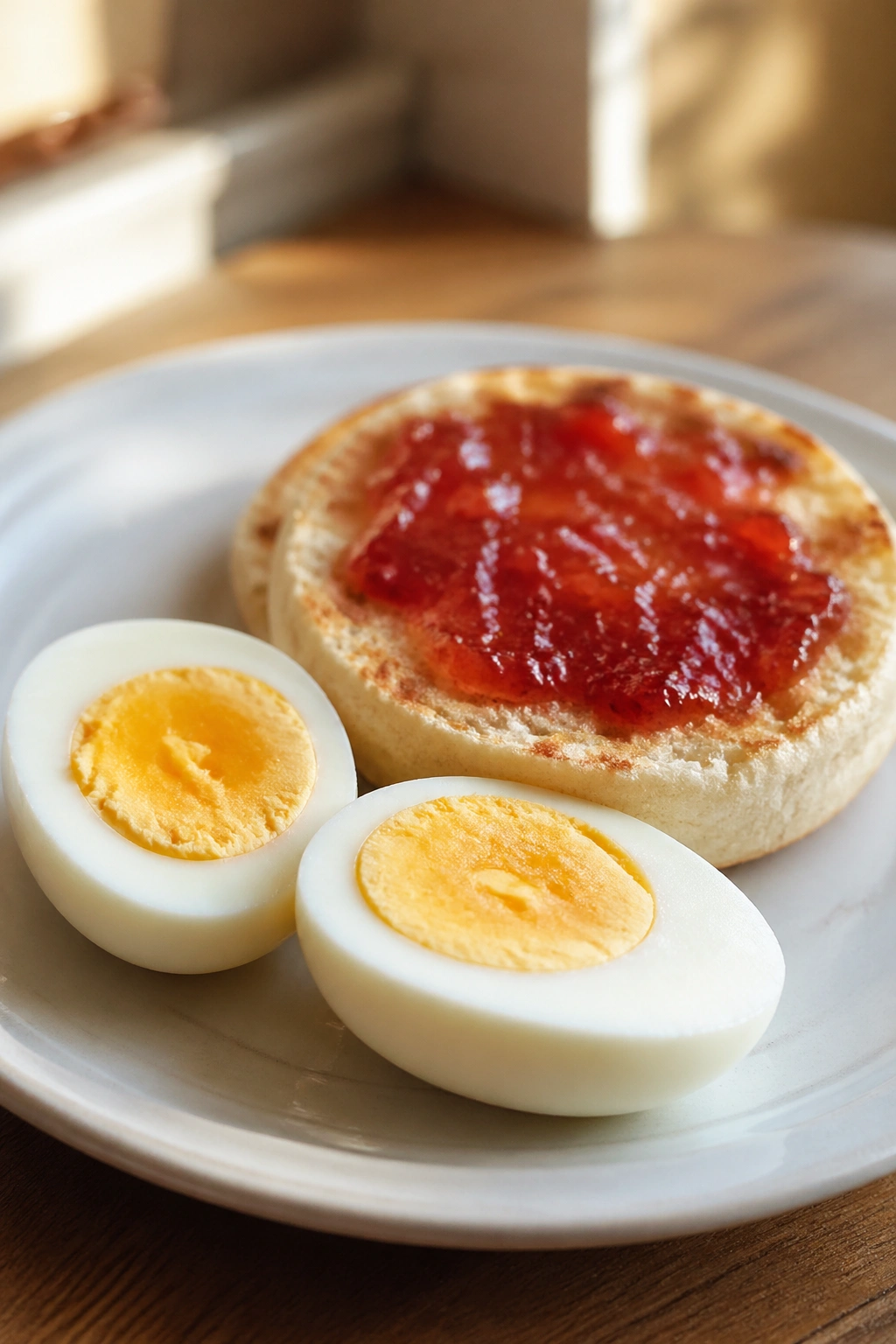 Close-up of hard-boiled eggs with English muffin and jam on a plate