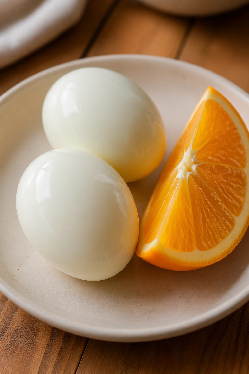 Two hard-boiled eggs with an orange wedge on a plate