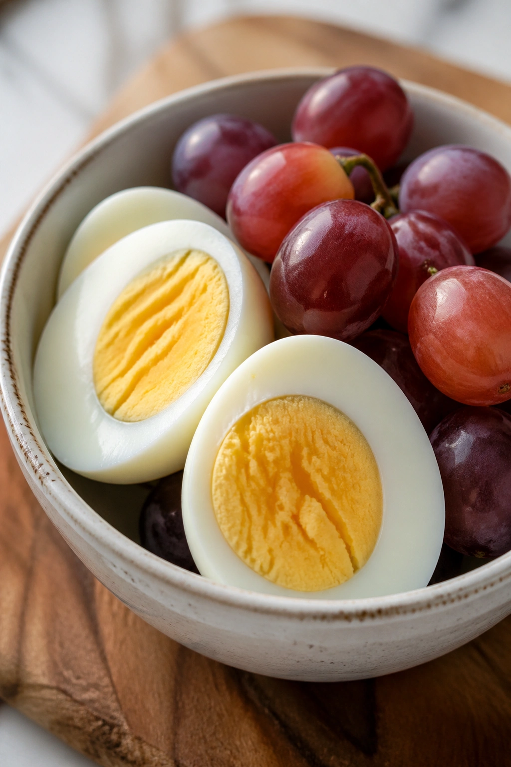 Hard-boiled eggs with grapes in a small bowl
