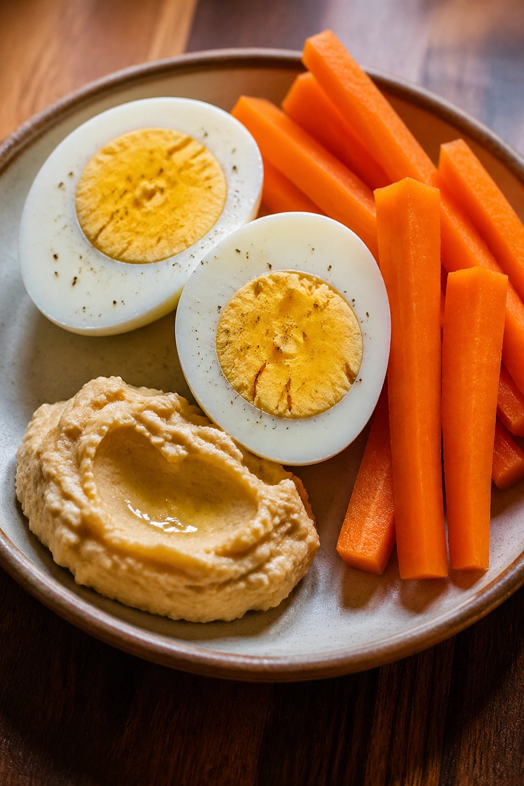Hard-boiled eggs with hummus and carrot sticks on a plate