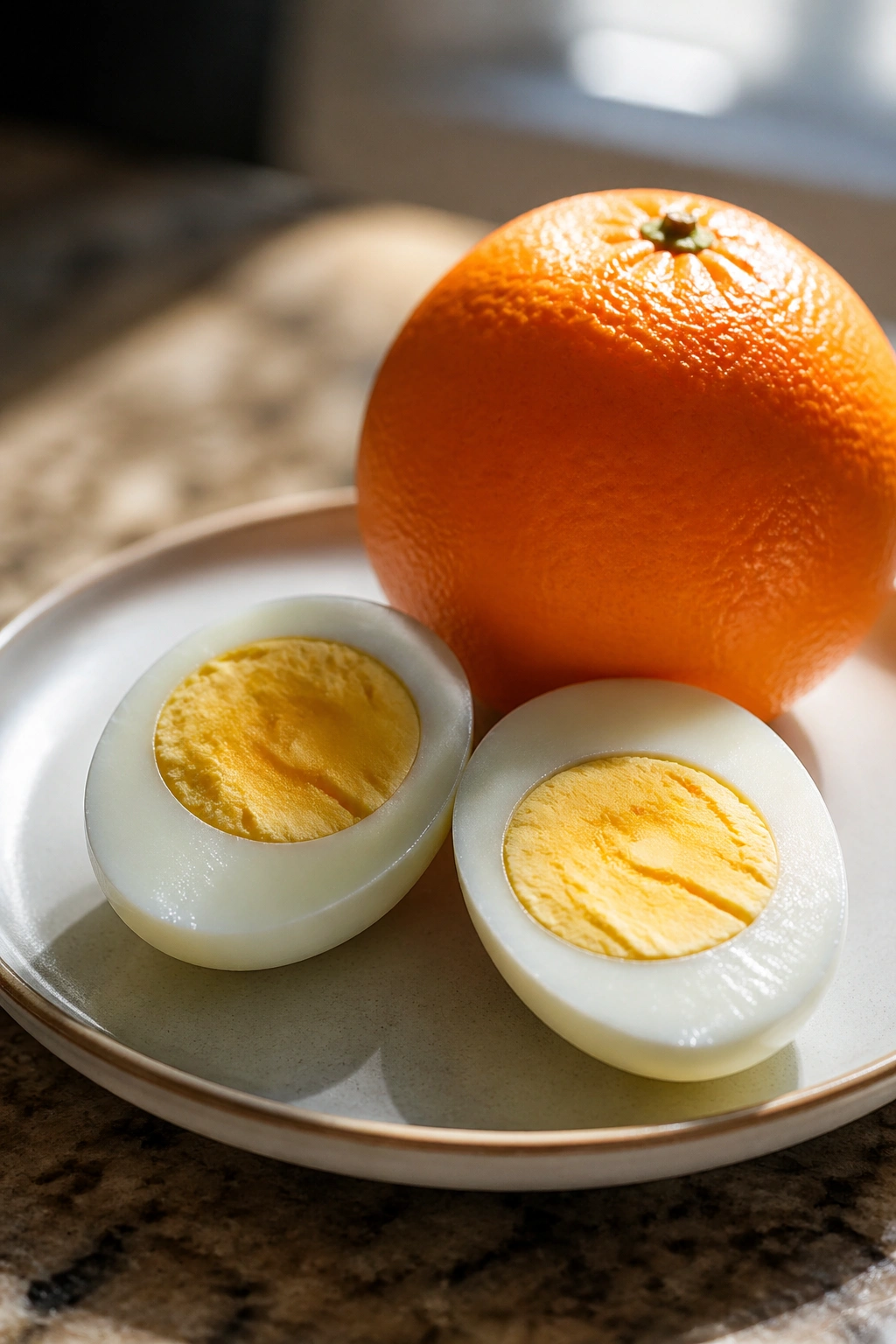 Close-up of peeled hard-boiled eggs halves with an orange on a plate.