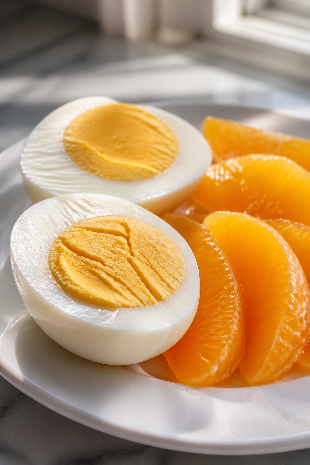 Hard-boiled eggs with orange segments on a plate
