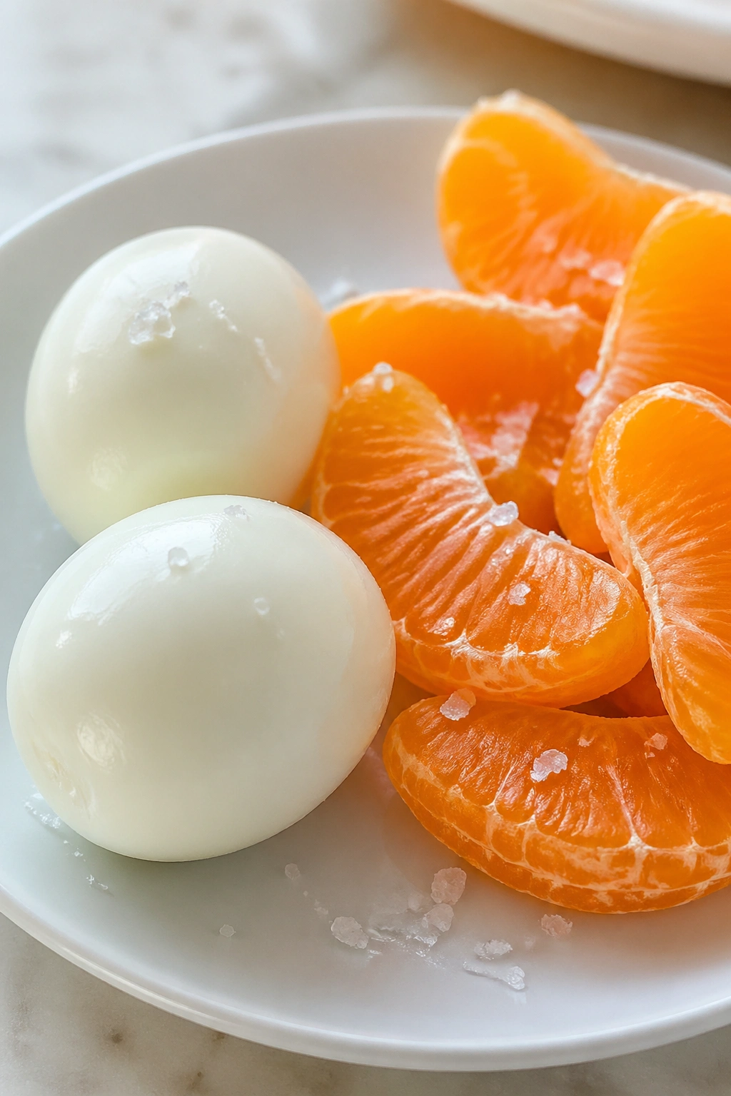 Close-up of hard-boiled eggs with orange segments on a plate