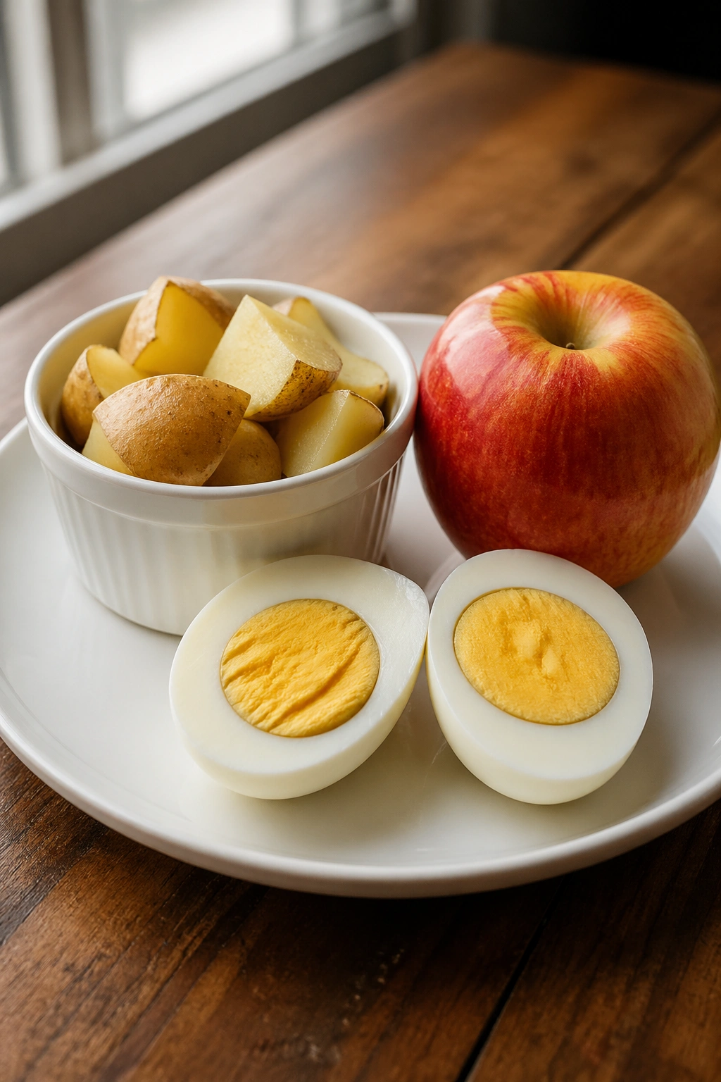 Close-up of hard-boiled eggs, potatoes, and an apple on a plate in a warm kitchen