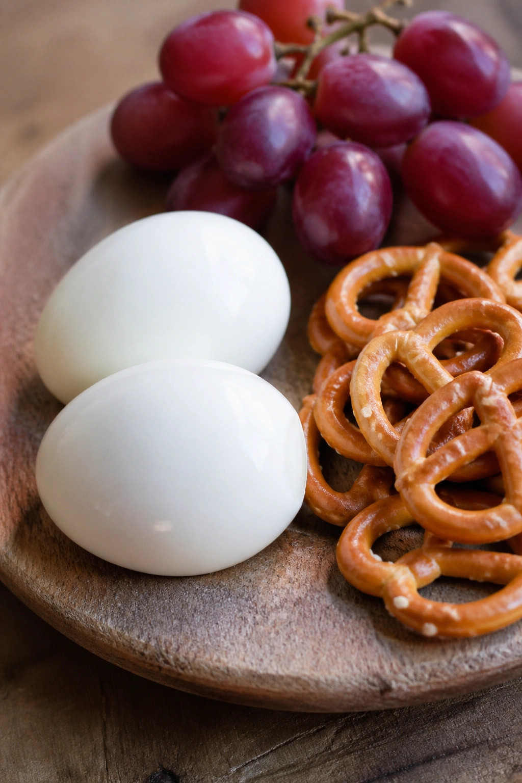 Close-up of hard-boiled eggs with pretzels and grapes on a wooden board