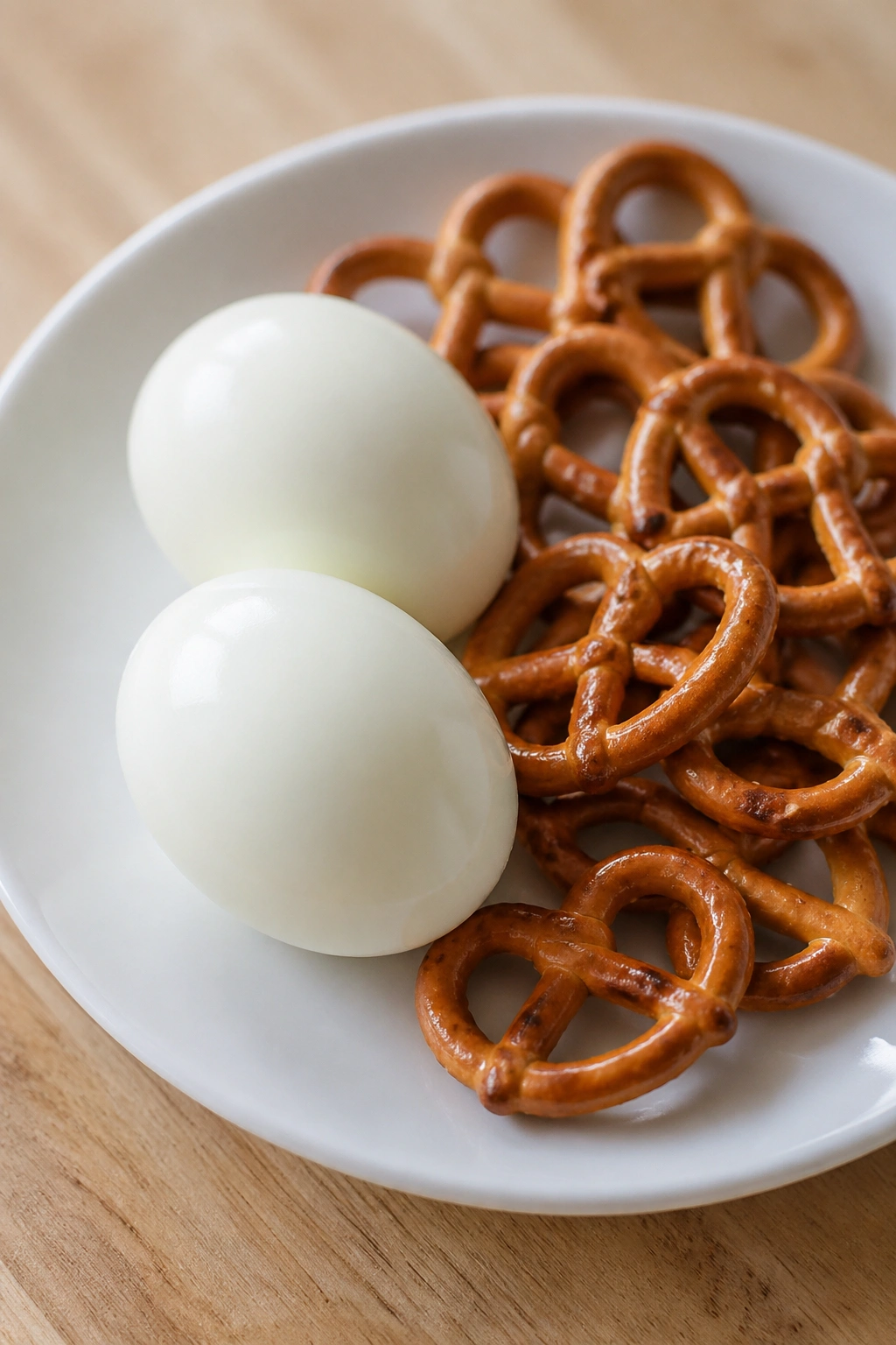 Two hard-boiled eggs with pretzels on a plate, savory pre-workout snack.
