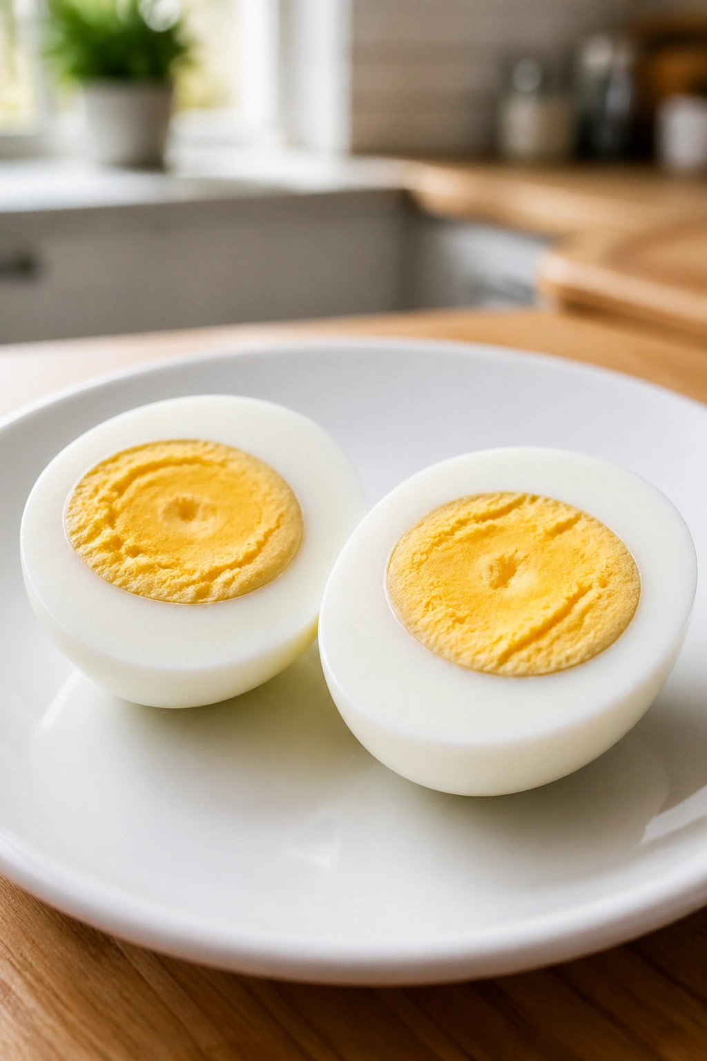 Close-up of two peeled hard-boiled eggs on a plate in a bright kitchen